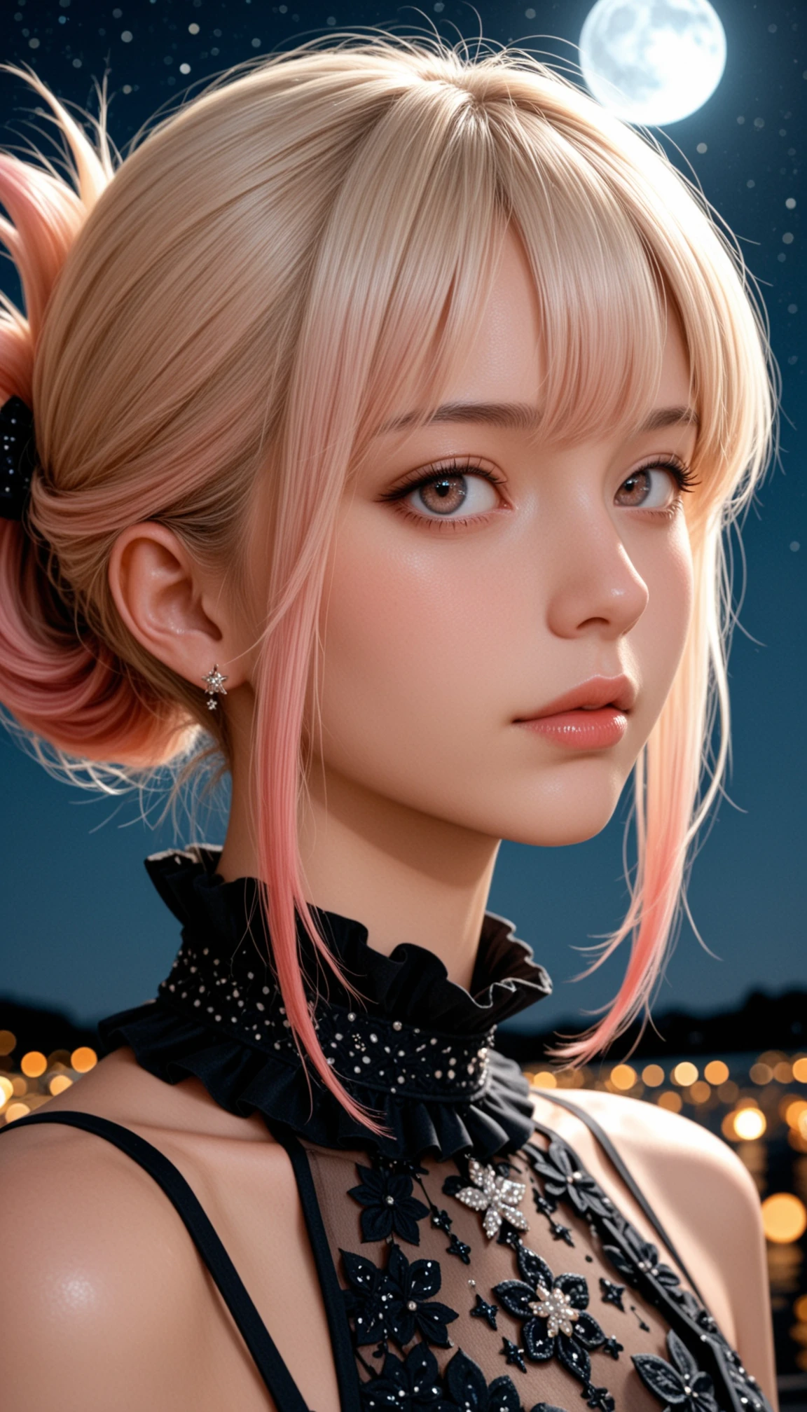 masterpiece, best quality, amazing quality, 4k, very aesthetic, high resolution, ultra-detailed, absurdres, scenery, realistic, photo, upper body photo, fashion photography of busty cute girl, gradient hair, blonde hair AND (pink hair:1.2), folded ponytail, gorgeous luxurious fantasy black dress, frilled collar, ultrahigh resolution textures, in dynamic pose, dutch angle, upper body, portrait, close-up, bokeh, star, moon, night, moonlight passing through hair, dutch angle, perfect night, fantasy background, hard light, raw light, BREAK, depth of field, photorealistic details