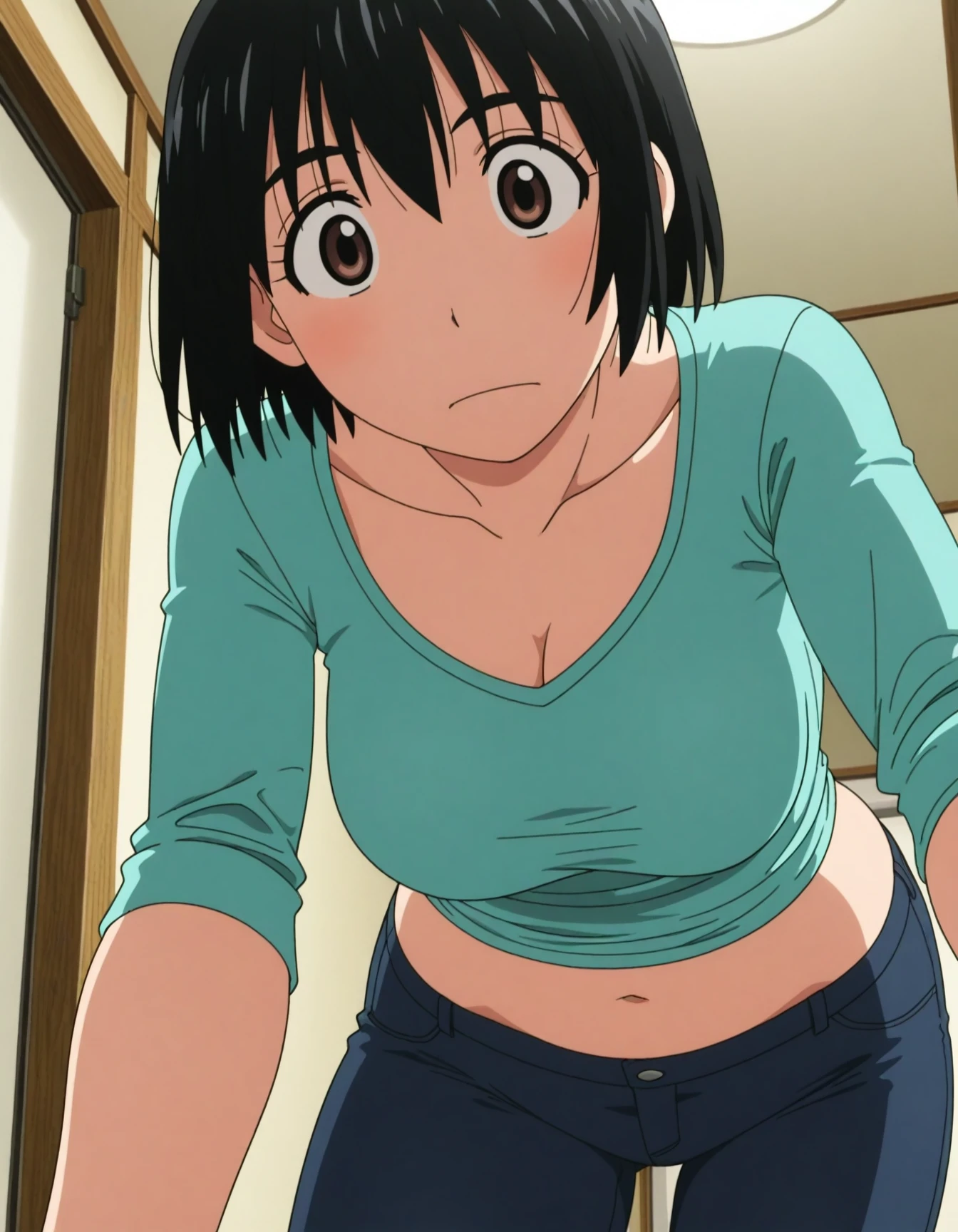 <lora:NoobV065sHyperDmd:1>,very awa,masterpiece,best quality,newest,highres,absurdres,general,anime coloring,anime screenshot,official art,<lora:fuuka2:0.8>,1girl,thick eyebrows,short hair,black hair,guilty expression, ashamed, regretful, remorseful,looking at viewer,crawling,solo_focus,tight shirt,cleavage,navel,