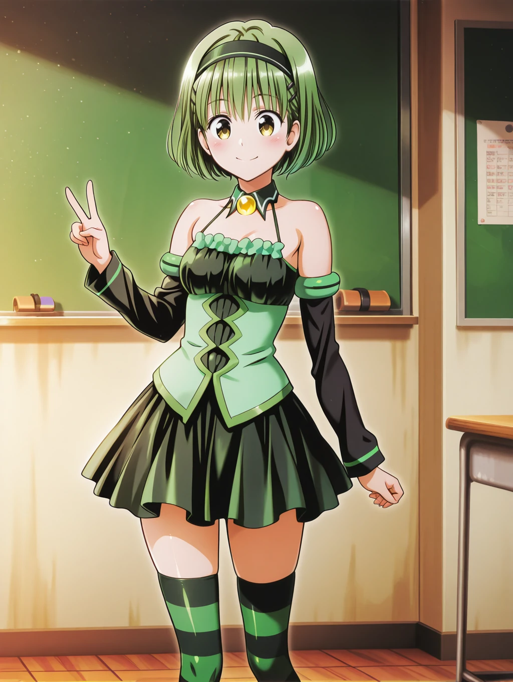 1girl, solo, very awa, absurdres, highres, absurdres, newest, masterpiece, best quality, amazing quality, very aesthetic, newest, absurdres, anime coloring, (by hanzou:0.5), (by island (kossori):0.7), by watanabe yoshihiro, BREAK
<lora:momodevil-Princess-Dress-Momo+Cosplay-IL0.1-V1:1> momodevil, halterneck, yellow gemstone, black dress, green corset, long sleeves, detached collar, black sleeves, pleated dress, green armbands, green frills, striped thighhighs, detached sleeves, bare shoulders, collarbone, hairband, short dress, zettai ryouiki, corset three holes,
<lora:arai_sayaka_ilxl_v1.2:1> sayaka, short hair, green hair, standing, classroom, v, happy, blush,