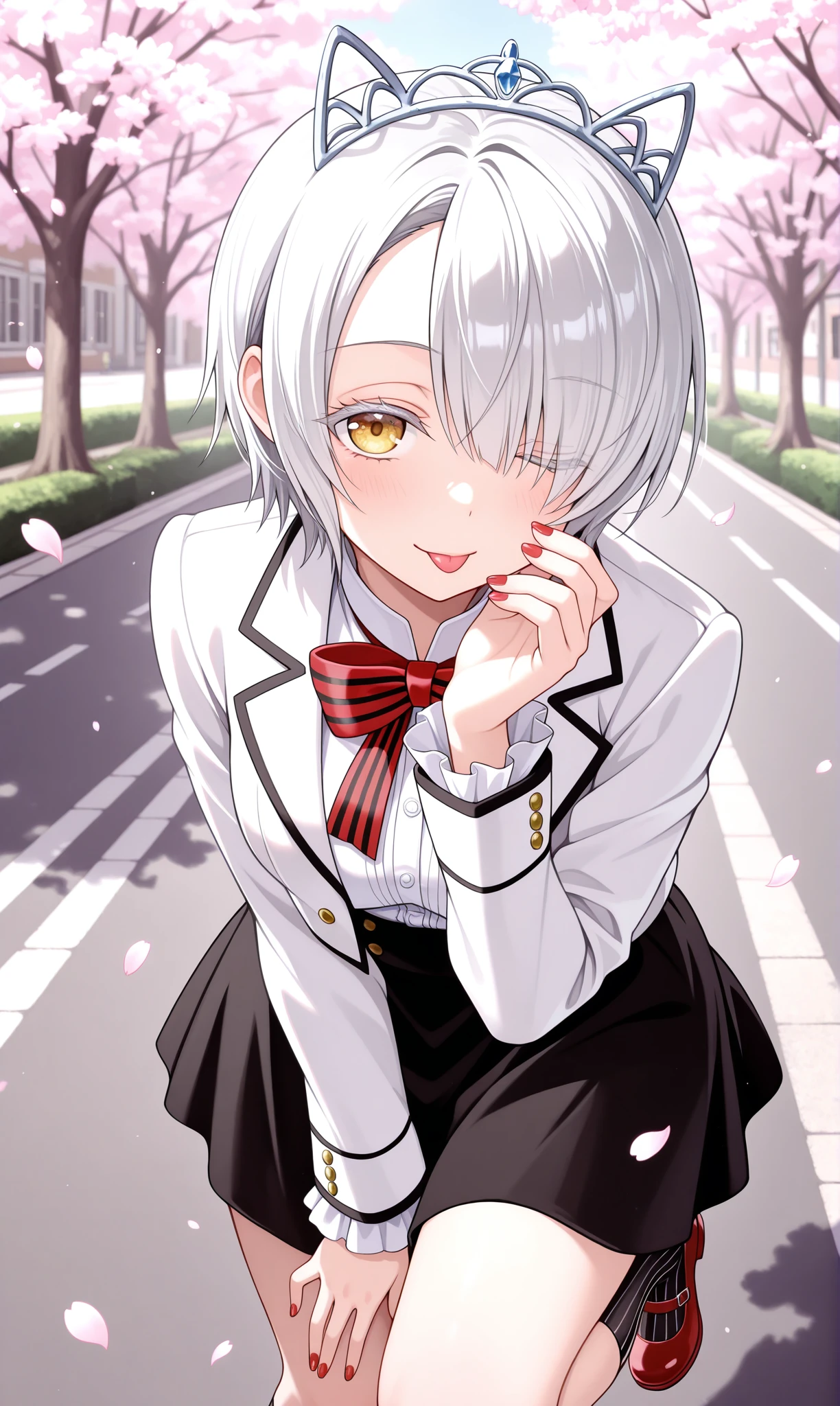 <lora:chartreux_westia_illust_scarxzys:1>, chartreux westia, striped bowtie, red bowtie, dahlia academy boarding school uniform, frilled sleeves, frills, hair over one eye, jacket, school uniform, black skirt, short hair, tiara, white hair, white jacket, white shirt, yellow eyes, colored eyelashes, long sleeves, black socks, vertical-striped socks, red footwear, mary janes, red nails, fingernails, asymmetrical bangs, 1girl, solo, masterpiece, best quality, amazing quality, cherry blossoms, street, looking down at viewer, close-up, ;p