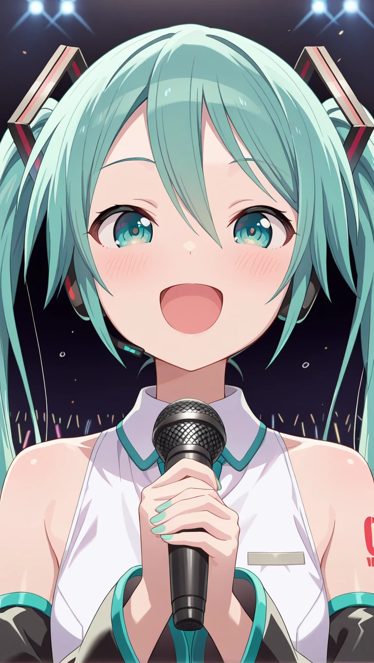 (masterpiece),best quality,amazing quality,very aesthetic,absurdres,newest,perfect body,shiny skin,perfect eyes,detail1eye,well-defined fingers,well-defined fingernails,anime style,stage,1girl,solo,upper body,(portrait:1.5),looking at viewer,facing viewer,smile,blush,Hatsune Miku-Project SEKAI version,absurdly long hair,aqua hair,twintails,hair ornament,sidelocks,hair between eyes,parted bangs,aqua eyes,open mouth,hands up,holding microphone,singing,white shirt,collared shirt,bare shoulders,sleeveless shirt,aqua necktie,detached sleeves,black sleeves,shoulder tattoo,<lora:Hatsune Miku-Project SEKAI version(voc)-Illus:2>,