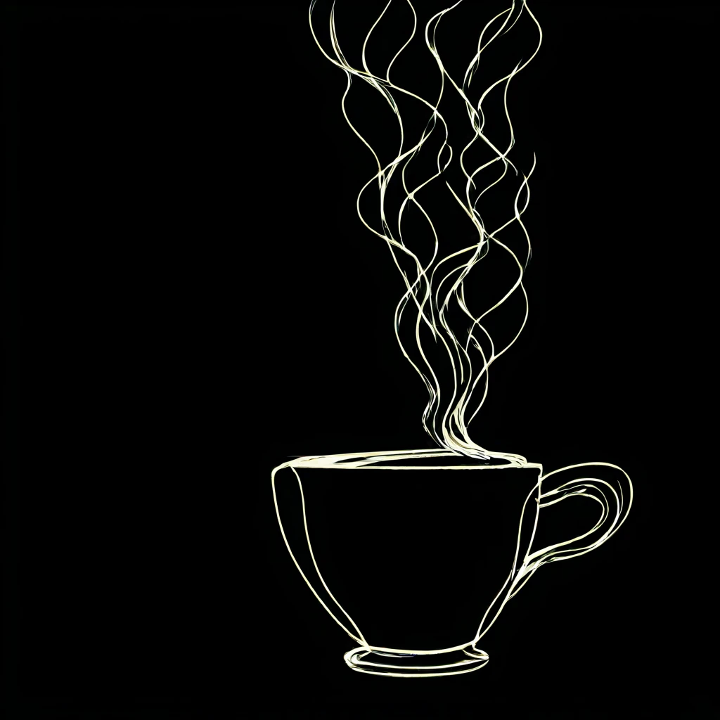 <lora:Elegant_Minimalist_Line_ArtIllustrious:1> Elegant Minimalist Line Art, The image shows a cup of coffee with steam rising from it set against a black background. The cup is outlined in white giving it a stark contrast against the dark background., monochrome, no humans, greyscale, cup, black background, teacup, simple background, flower, still life, teapot