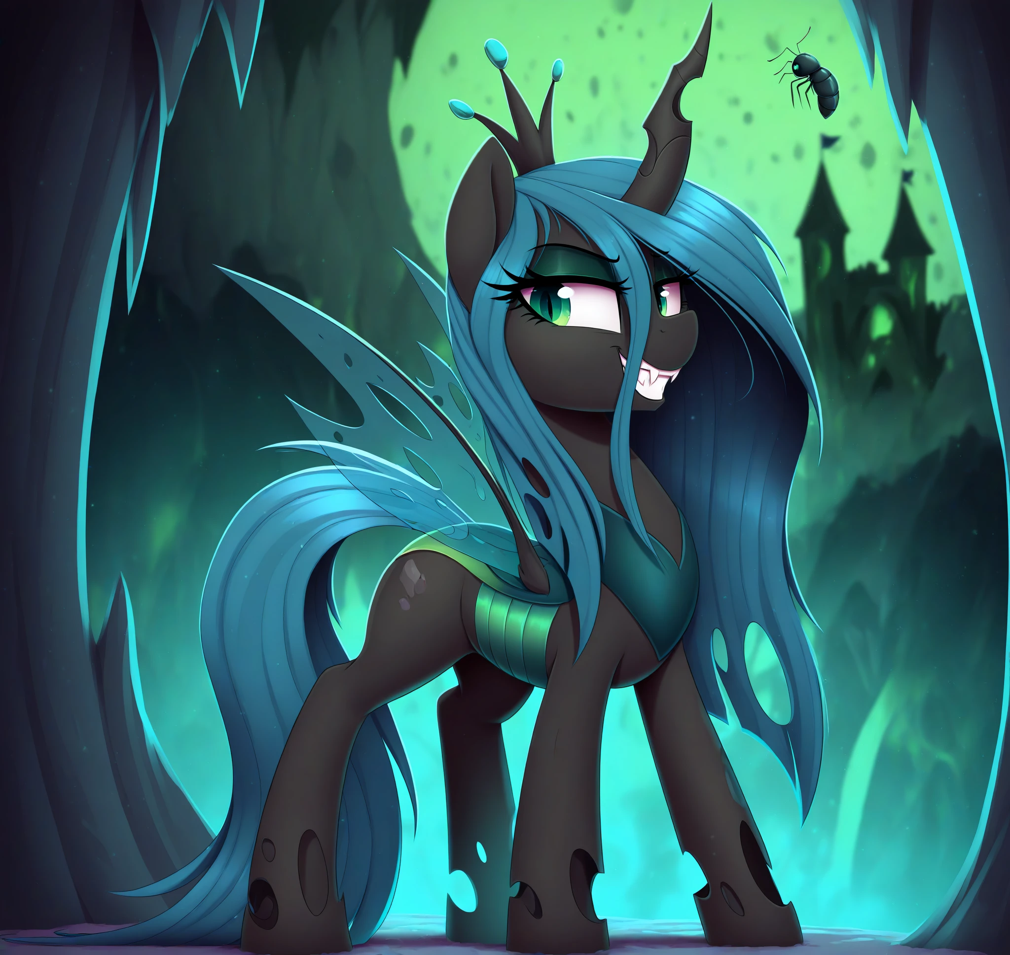 <lora:Thebatfang_Style_Illustrious:0.65> thebatfang, masterpiece, best quality, absurd res, hi res, my little pony, friendship is magic, quadruped, feral, equid, equine, pony, solo, queen chrysalis \(mlp\), feral, insect wings, fangs, green eyes, in everfree castle, looking back at you , crazy, wide grin, wild eyes, unkempt hair, full body, shaded, clothed