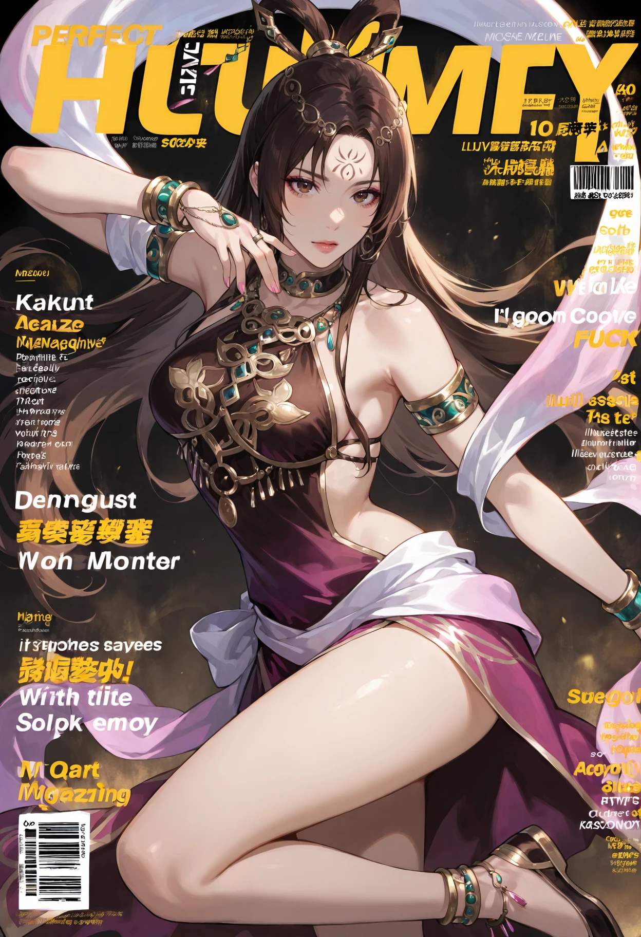 <lora:add-detail-xl:1>,masterpiece,best quality,absurdres,highres,detailed eyes,beautiful,detailed background,perfect eyes,realistic,solo,
magazine cover,fake magazine cover,english text,cover,fake cover,price,cover page,text focus,barcode,dated,cowboy shot,dynamic pose,
<lora:Diaochan:1>,1girl,long hair,dress,jewelry,bare shoulders,bracelet,black hair,shawl,hair ornament,brown hair,anklet,breasts,shoes,hair rings,bare legs,medium breasts,necklace,brown eyes,armlet,facial mark,forehead mark,
