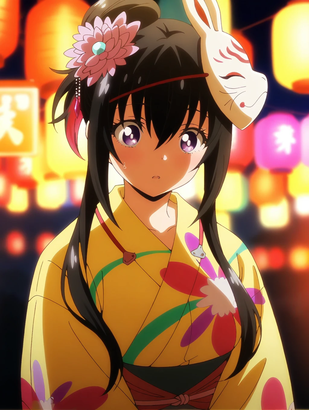 masterpiece,best quality,amazing quality,solo,1girl,<lora:Tsukimiya-ILXL-v1:1>,Tsukimiya,purple_eyes,two-tone_hair,brack_hair,red_hair,updo,sidelocks,fox_mask,hair_ornament,yukata,