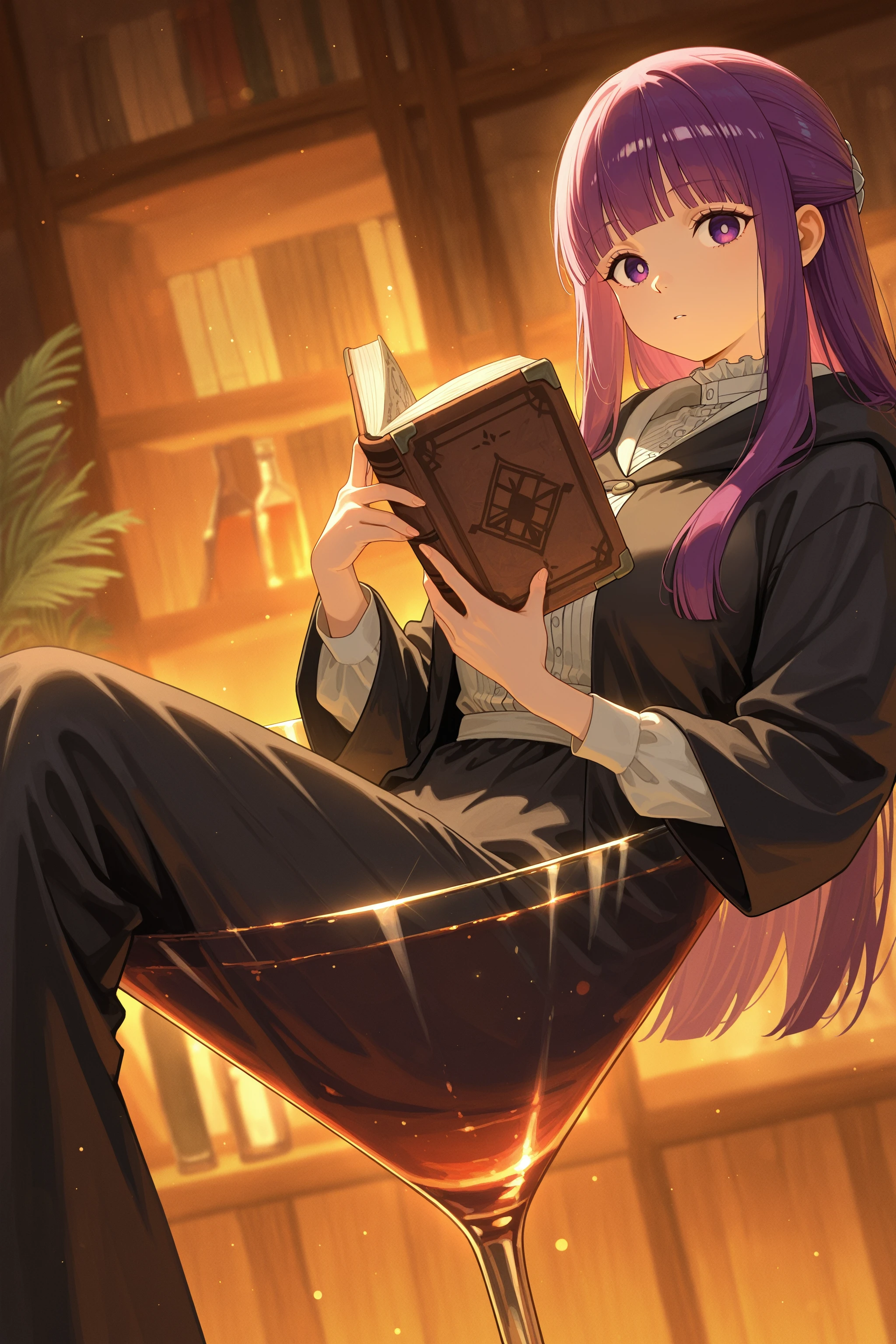 masterpiece, best quality, absurdres, safe
1girl, in cup, cocktail glass, drinking glass, fern \(sousou no frieren\), black robe, holding book,
<lora:in_cup_il_4_d16:1>