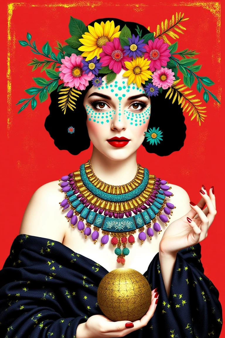 In Jonathan Reiner style, this digital illustration features a stylized fair-skinned woman with black, curly hair crowned with yellow, pink, and purple flowers, green leaves, and gold branches. Her face is decorated with turquoise paint and dot patterns, complemented by bold red lips. She wears a colorful, geometric-patterned black shawl and a layered necklace of blue, purple, and gold elements. In her right hand, she holds a golden, patterned ball, while her nails are painted red. Set against a red background with grainy texture and subtle yellow pastel markings, the composition emphasizes vivid colors, intricate details, and a modern, abstract aesthetic.