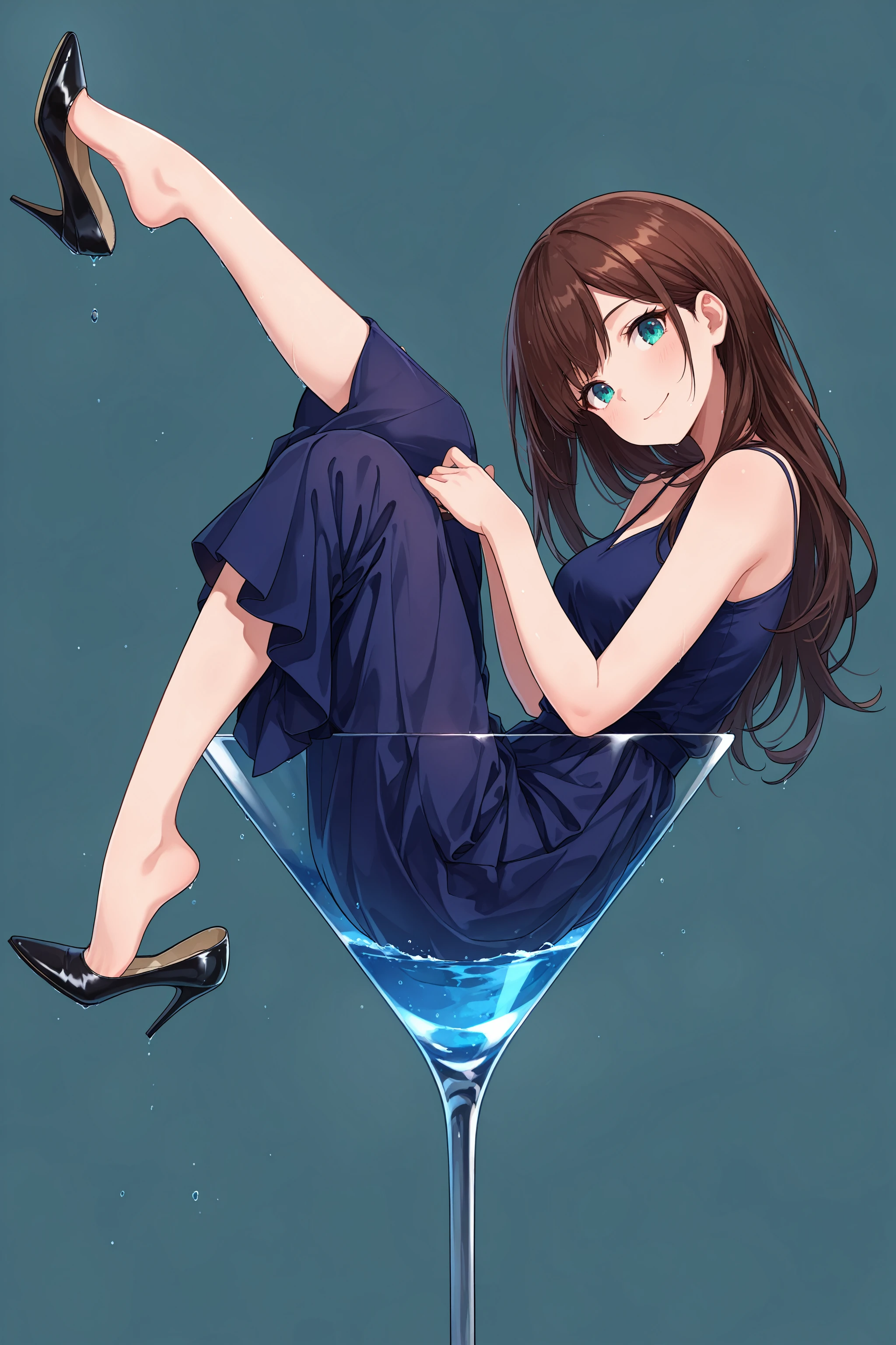 masterpiece, best quality, absurdres, safe
1girl, in cup, cocktail glass, drinking glass, simple background, partially submerged, high heels, shoe dangle,
from side, looking at viewer, head tilt, smile, long dress,
<lora:in_cup_il_4_d16:1>