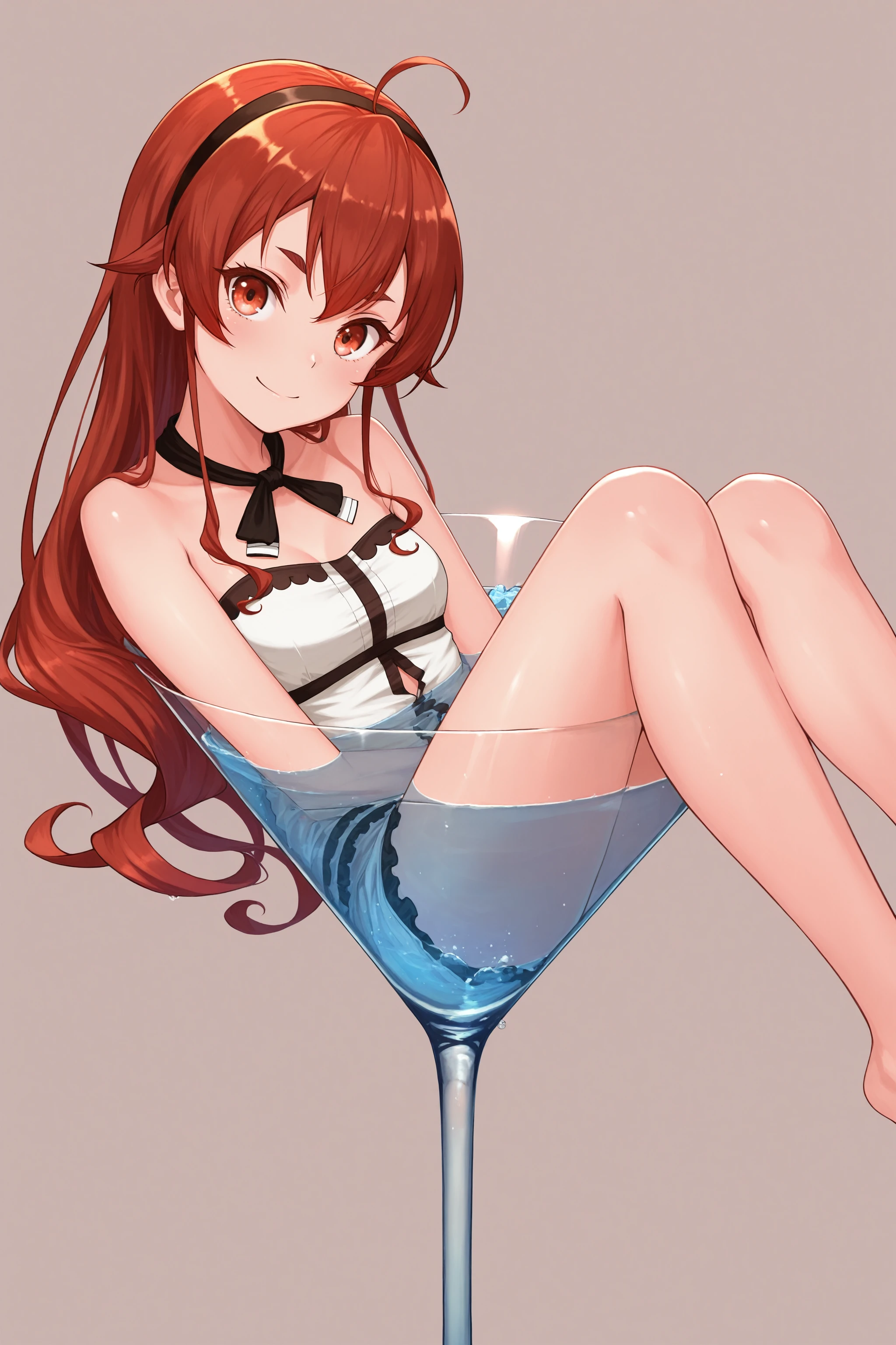masterpiece, best quality, absurdres, safe
1girl, in cup, cocktail glass, drinking glass, simple background, partially submerged,
eris greyrat,
looking at viewer, head tilt, smile
<lora:in_cup_il_4_d16:1>