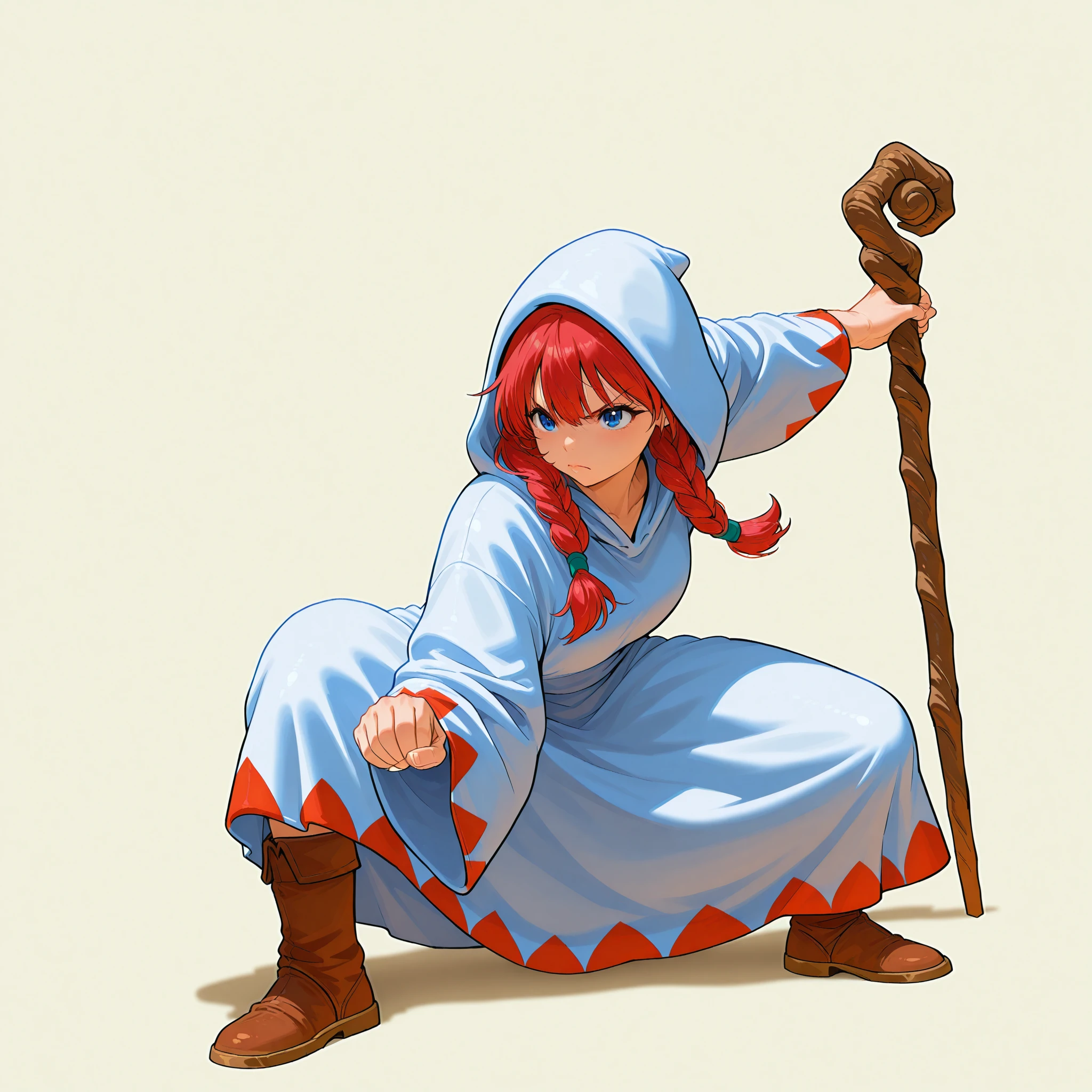 1girl,, <lora:gokuPose3_V1_illustrious:1>,gokupose3,solo,fighting stance,white background,simple background,full body,serious,frown,clenched hand,shadow,closed mouth,crouching,leaning forward,one arm extended,other arm bent,wide stance,martial arts pose, masterpiece, best quality, amazing quality, newest,detailed face, beautiful eye,, <lora:White_mage_Illustrious:1>,white mage_cos,white mage,hood,robe,long sleeves,boots,staff,holding staff,