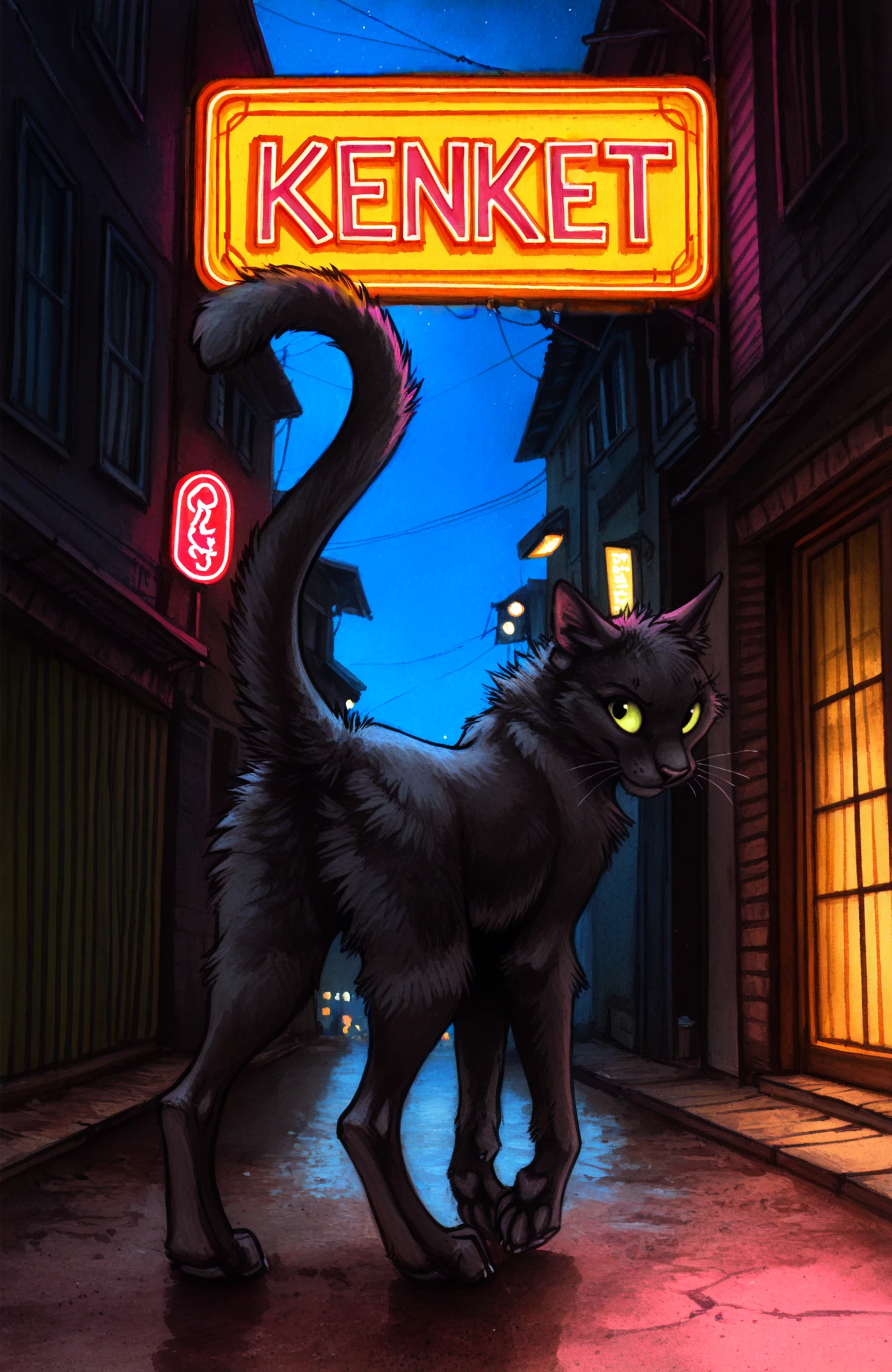 Kenket,
masterpiece, best quality, amazing quality, detailed, absurdres, photorealistic, no lineart, very aesthetic, dynamic lighting, detailed fur, detailed background, three-quarter view, face focus of a female feral black cat, , rear view, solo, looking back at viewer, fluffy, raised tail, (presenting:0.7), paws, toe claws, outside, (KENKET:1.35), night, dark, neon sign,
<lora:Kenket_-_Art_Style:1>,