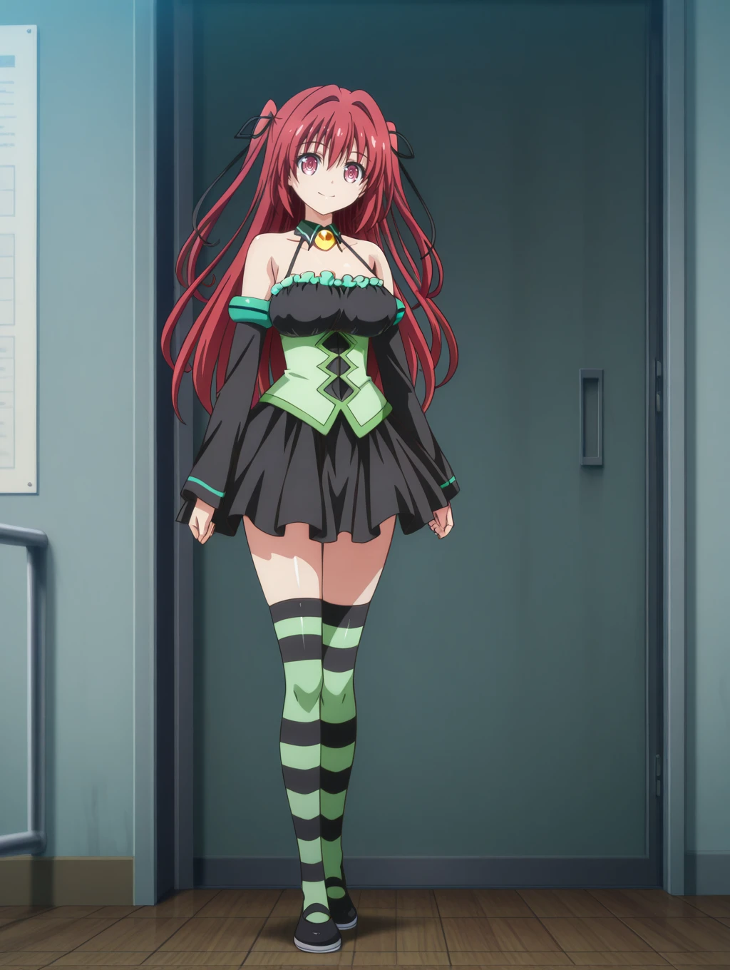 1girl, solo, very awa, absurdres, highres, absurdres, newest, masterpiece, best quality, amazing quality, very aesthetic, newest, absurdres, anime coloring, (by hanzou:0.5), (by island (kossori):0.7), by watanabe yoshihiro, BREAK full body, standing, looking at viewer, happy,
 <lora:momodevil-Princess-Dress-Momo+Cosplay-IL0.1-V1:1>, momodevil,  halterneck, yellow gemstone, black dress, green corset, long sleeves, detached collar, black sleeves, pleated dress, green armbands, green frills, striped thighhighs, detached sleeves, bare shoulders, collarbone, short dress, zettai ryouiki, corset three holes, black footwear, uwabaki,  
 <lora:ShinmaiMaouNoTestament_NaruseMio_IlluXL:0.8> two side up, hair between eyes, long hair, red hair, multicolored eyes, hair ribbon, black ribbon, large breasts,