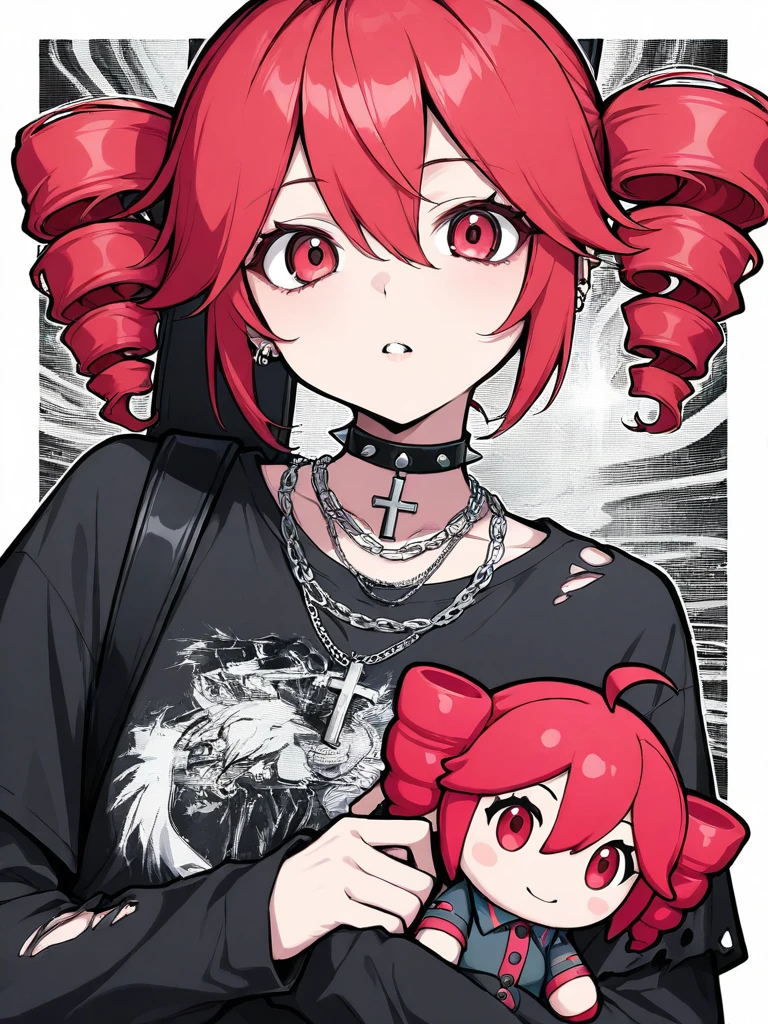 kasane teto, 1girl, ultra detailed, a lot of lines, 4k, colorfull puprle background, solo, looking at viewer,shirt, long sleeves, white background, red eyes, holding, hair between eyes, jewelry, twintails, upper body, red hair, parted lips, alternate costume, choker, necklace, collar, black shirt, torn clothes, black choker, border, chain, drill hair, cross, white border, twin drills, spikes, character doll, black collar, layered sleeves, print shirt, cross necklace, short over long sleeves, spiked collar, torn shirt, chain necklace, character print, instrument case, keychain, guitar case, spiked choker, punk, merchandise