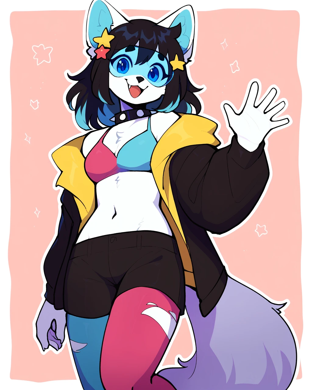 score_9_up, score_8_up, score_7_up, score_6_up, by remanedur, furry, female, fox, black hair, white body, blue eyes, looking at viewer, blue inner ear fluff, multicolored hair, medium breasts, hair ornament, pantyhose, midriff, navel, visor, jacket, black shorts, open jacket, bangs, star hair ornament, spiked collar, happy, open smile, waving, head tilt, solo, three-quarter view, simple background, white outline,<lora:Leah_Pines(AIM)_XL_v1:0.15> <lora:PDXL_artist_tags_v2_big:0.5> <lora:The-Minuscule-Task_PDXL_v1.0:0.6> <lora:Lanai_caff:0.75>