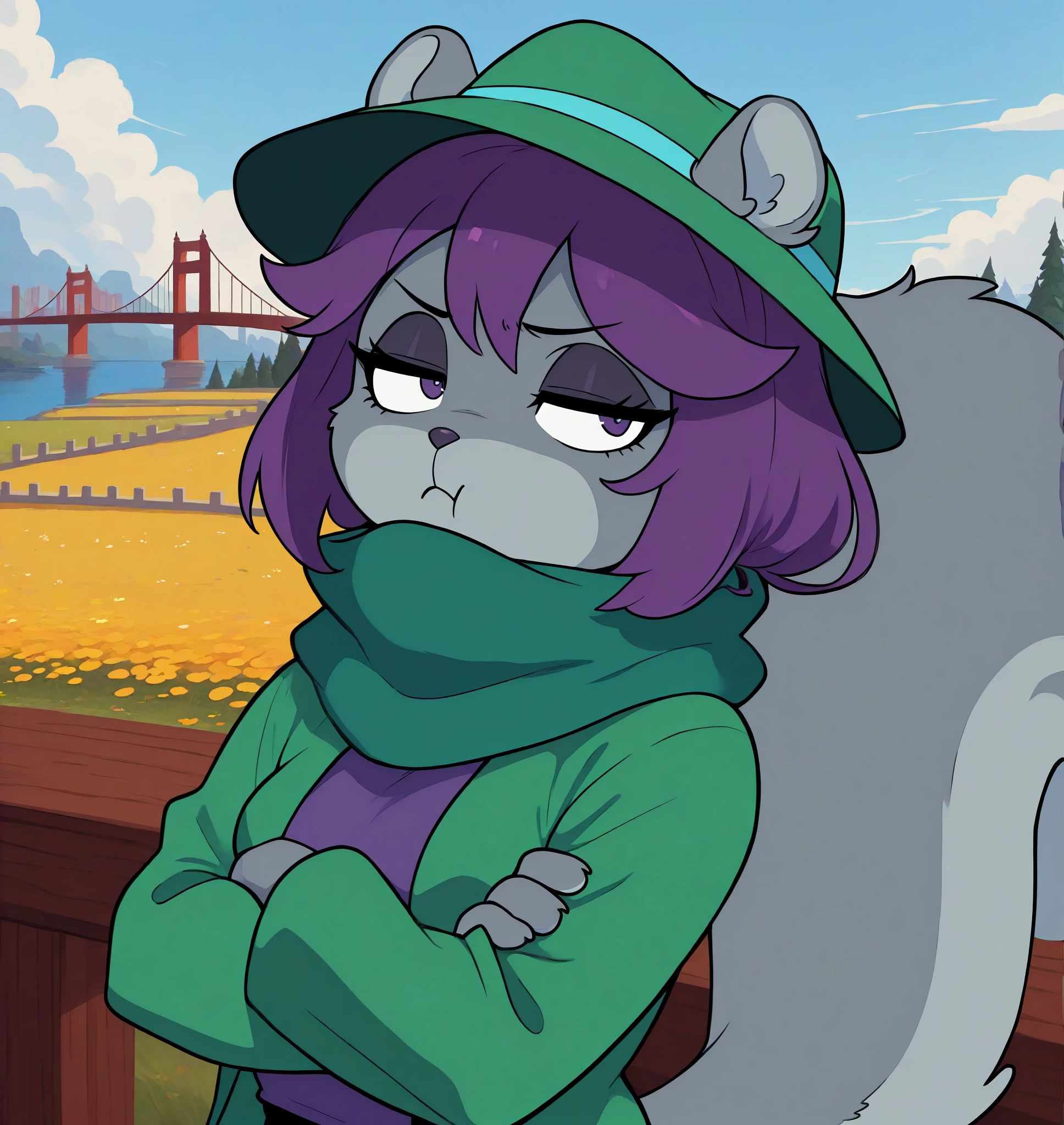 masterpiece, best quality, 2024, 2023, hi res, <lora:Mooch_Undertale_Yellow:0.7>, mooch (undertale yellow), grey squirrel, female, undertale, tree squirrel, undertale (series), anthro, purple hair, green hat, scarf, green scarf, clothed, clothing, small , with a view of the Golden Gate Bridge, detailed background, draped, over armrest, arched back, stubborn, crossed arms, pout, narrowed eyes, sketch