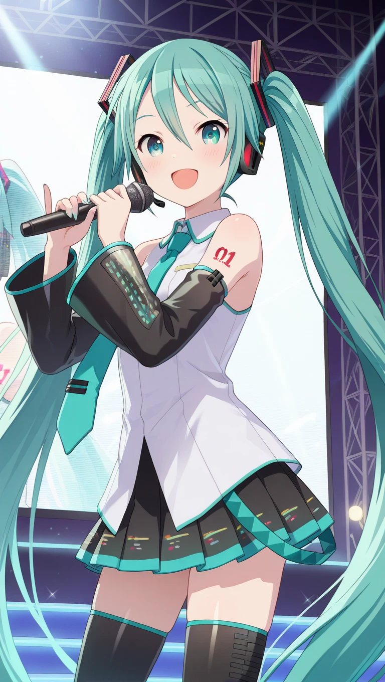 (masterpiece),best quality,amazing quality,very aesthetic,absurdres,newest,perfect body,shiny skin,perfect eyes,detail1eye,well-defined fingers,well-defined fingernails,anime style,stage,1girl,solo,cowboy shot,looking at viewer,facing viewer,smile,blush,Hatsune Miku-Project SEKAI version,absurdly long hair,aqua hair,twintails,hair ornament,sidelocks,hair between eyes,parted bangs,aqua eyes,open mouth,hands up,holding microphone,singing,white shirt,collared shirt,bare shoulders,sleeveless shirt,aqua necktie,detached sleeves,black sleeves,shoulder tattoo,miniskirt,pleated skirt,fringe,zettai ryouiki,black thighhighs,thigh boots,<lora:Hatsune Miku-Project SEKAI version(voc)-Illus:2>,