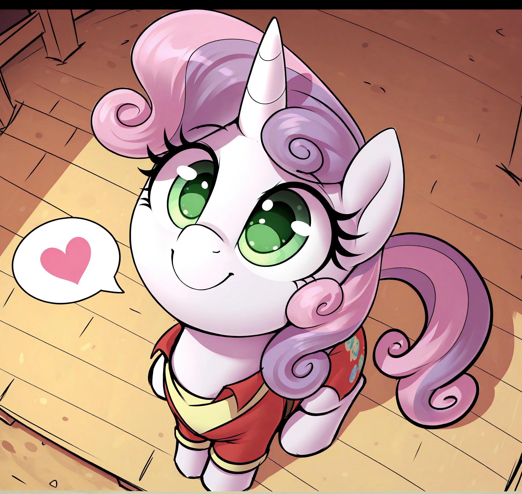 <lora:Thebatfang_Style_Illustrious:0.65> thebatfang, masterpiece, best quality, absurd res, hi res, my little pony, friendship is magic, quadruped, feral, equid, equine, pony, solo, sweetie belle \(mlp\), feral, unicorn, green eyes, at ponyville town hall, sitting on pony , smile, happy, speech bubble, spoken heart, heart symbol, overhead shot, from above, sketch,  clothed