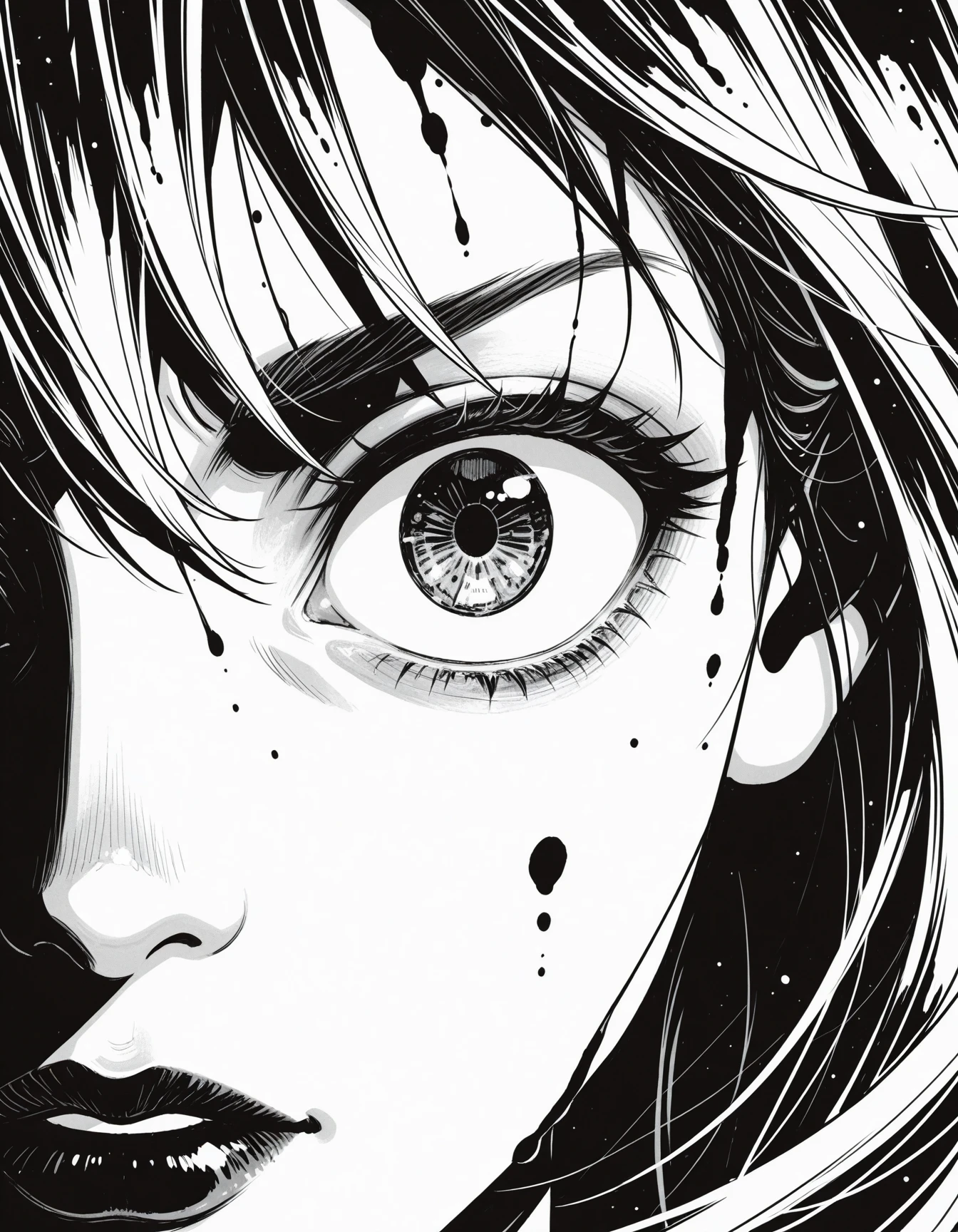 manga close-up, intense expression, hair blowing dramatically, ink wash shading, strong contrast, black and white