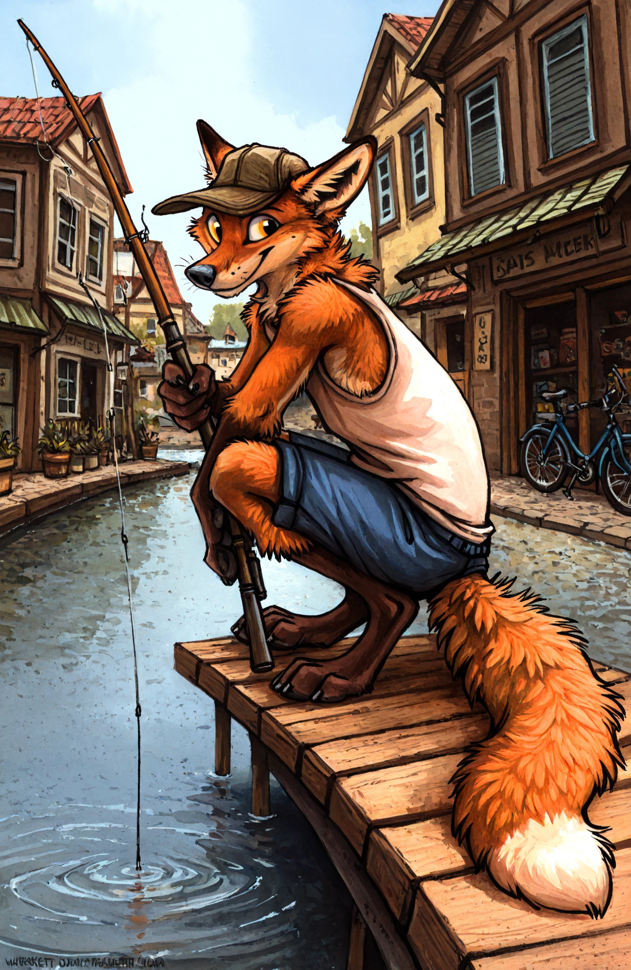Kenket,
masterpiece, best quality, amazing quality,
fox, color_contrast, anthro, barefoot, (bicycle:0.9), biped, blue_bottomwear, blue_shorts, (bucket:0.6), cheek_tuft, clothed, container, crouching, day, detailed_background, dipstick_tail, facial_tuft, feet, fishing, fishing_rod, fully_clothed, fur, furgonomics, hat, holding_object, inner_ear_fluff, leg_markings, looking_at_viewer, male, multicolored_fur, neck_tuft, orange_body, orange_fur, outside, pointy_ears, prick_ears, shirt, socks_(marking), solo, storefront, tail_markings, tank_top, town, tuft, whisker_spots, whiskers, white_inner_ear_fluff, white_tank_top, (dock:0.9), canal,
<lora:Kenket_-_Art_Style:1>,
