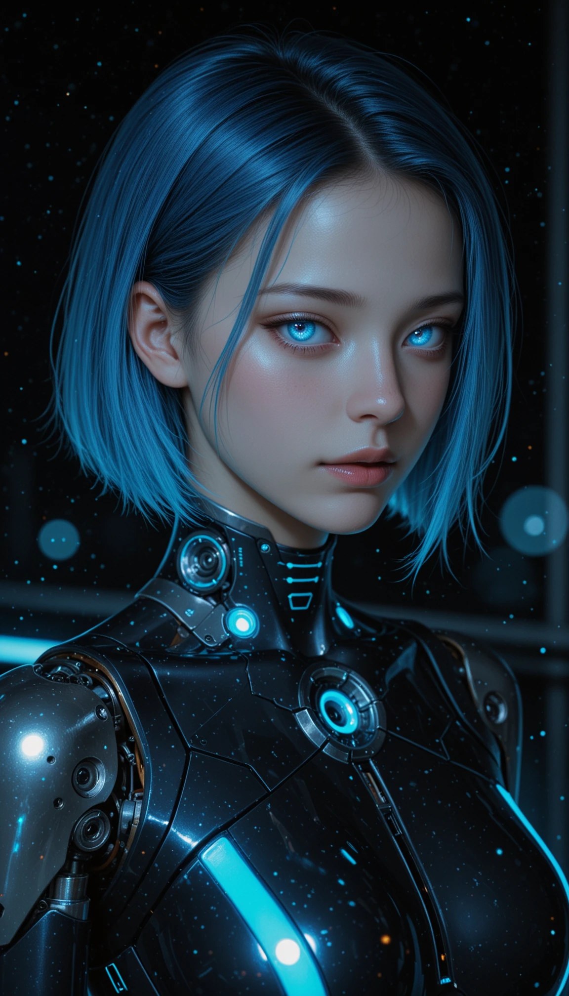 masterpiece, best quality, amazing quality, 4k, very aesthetic, high resolution, ultra-detailed, absurdres, scenery, realistic, photo, dramatic shadows, 1girl, solo, cyborg, (robot joints, mechanical body, metal body, mechanical limbs, mechanical arms, part lines:1.2), clothed, young cyborg woman, crack on face, translucent body, (glowing blue hair:1.2), tsurime, glowing blue eyes, facing to the side, looking at viewer, neon, (mechanical parts, high-tech futuristic black blue cybernetic bodysuit:1.2), cables, wires, detailed full cyborg body parts, blue lights, cinematic portrait photo, portrait, face focus, dutch angle, (light particles:1.2), low cinematic lighting, dark cyberpunk background, neon, BREAK, detailed eyes, depth of field, photorealistic details