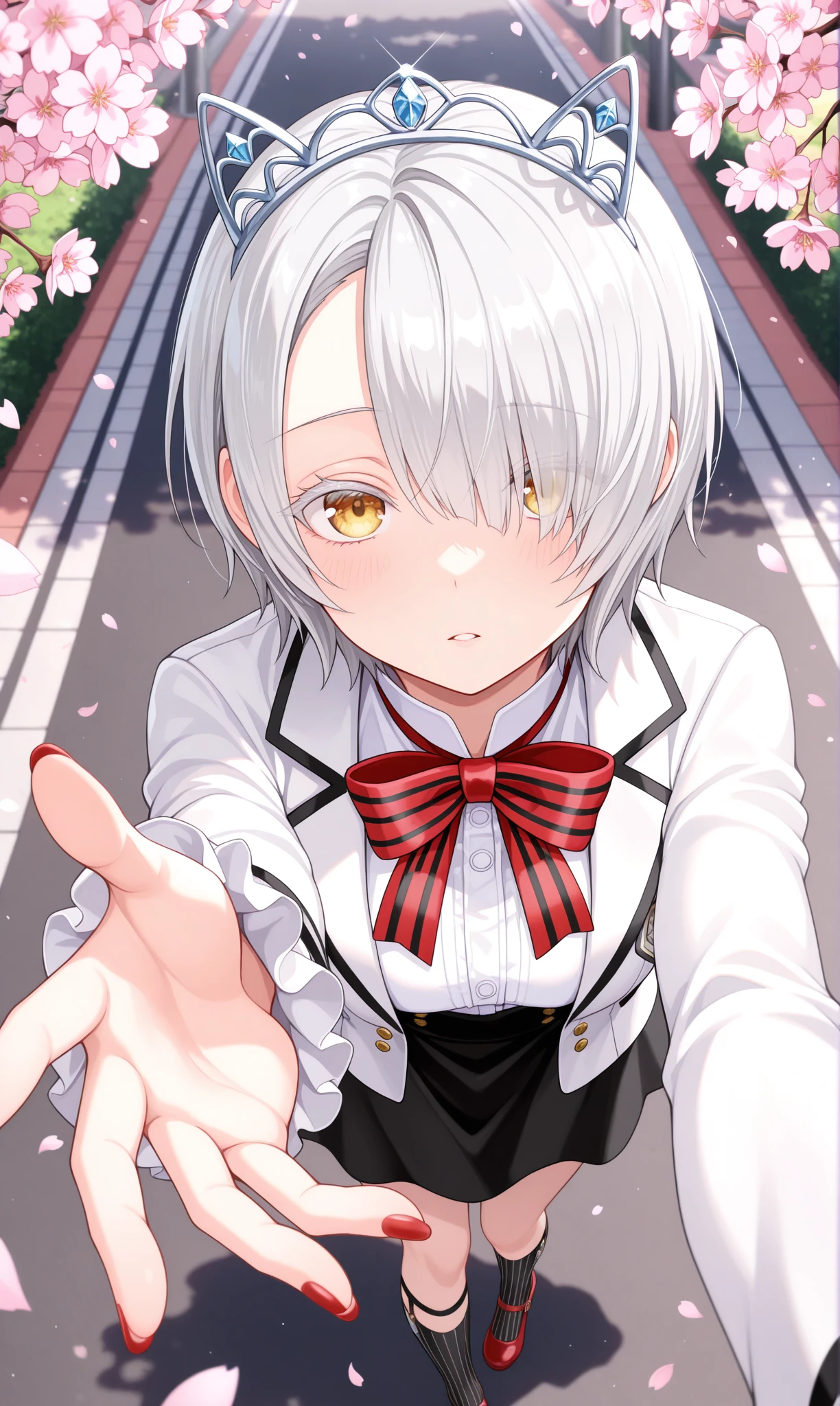 <lora:chartreux_westia_illust_scarxzys:1>, chartreux westia, striped bowtie, red bowtie, dahlia academy boarding school uniform, frilled sleeves, frills, hair over one eye, jacket, school uniform, black skirt, short hair, tiara, white hair, white jacket, white shirt, yellow eyes, colored eyelashes, long sleeves, black socks, vertical-striped socks, red footwear, mary jane, red nails, fingernails, asymmetrical bangs, 1girl, solo, masterpiece, best quality, amazing quality, cherry blossoms, street, looking at viewer, close-up, reaching out, from side