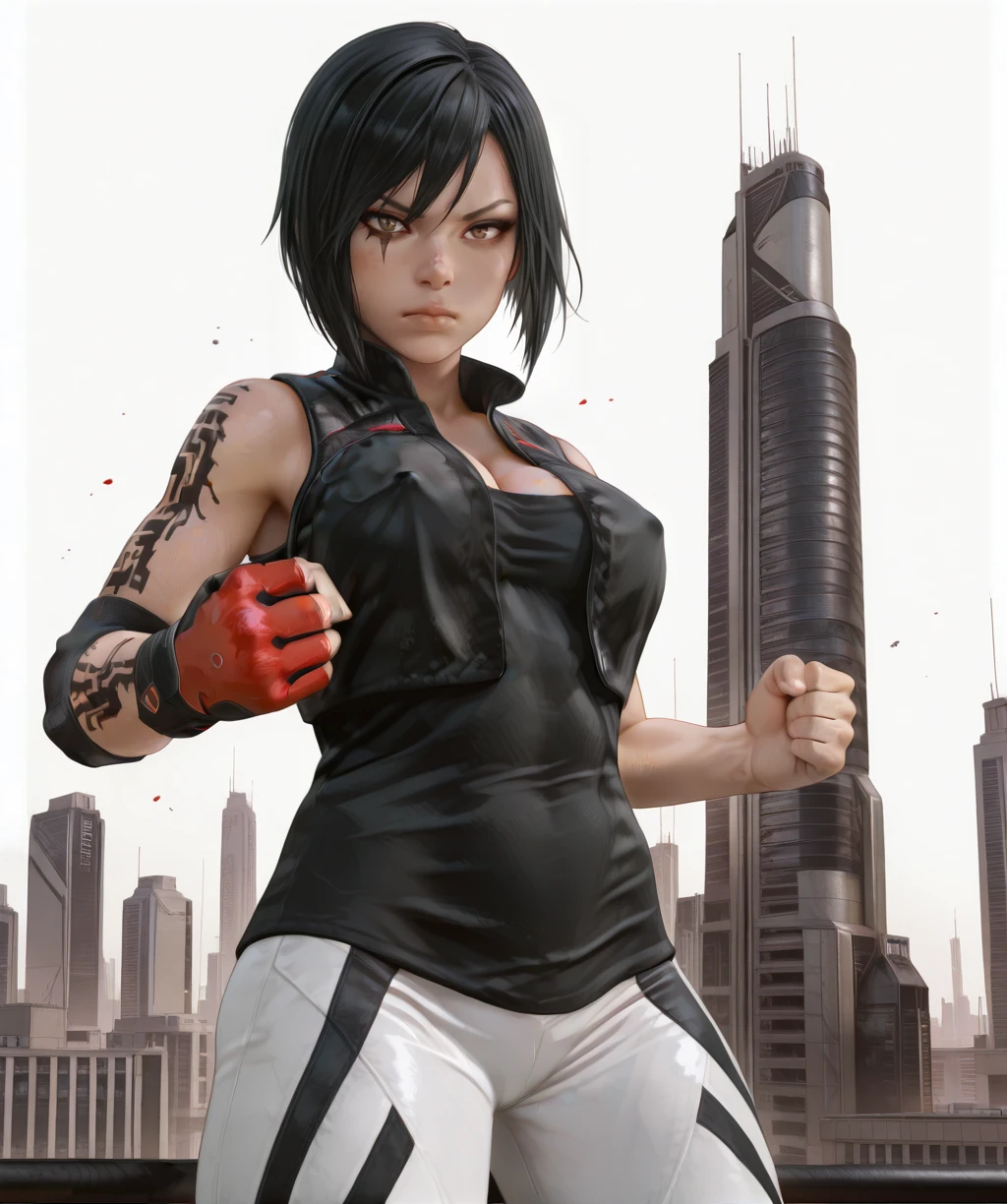 faithcxl, brown eyes, black hair, right arm tattoo,
eye mark,
elbow pad, white pants, single glove,
black vest, fighting stance,
science fiction, cleavage,
simple background, cityscape, red objects,
(insanely detailed, masterpiece, best quality),
front view, standing, hips, looking at viewer, <lora:FaithConnorsMEC-12v1-Ill3:0.9>,
covered nipples, solo, standing, torn clothes, injury, serious, exposure,