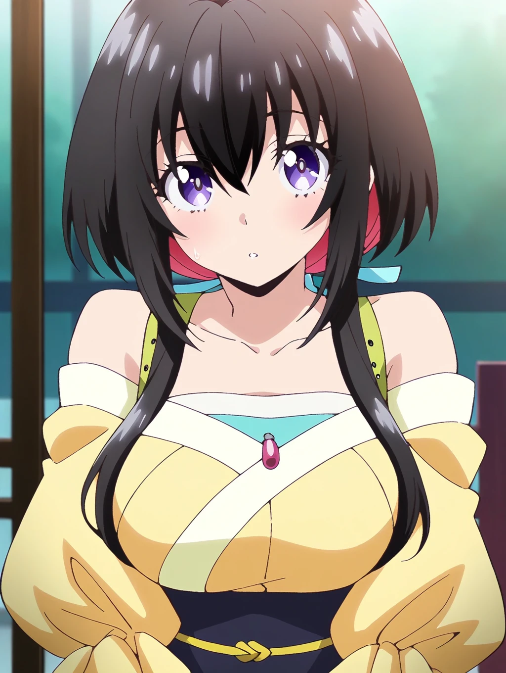 masterpiece,best quality,amazing quality,solo,1girl,<lora:Tsukimiya-ILXL-v1:1>,Tsukimiya,purple_eyes,colored_inner_hair,brack_hair,red_hair,low_ponytail,sidelocks,hair_ribbon,yellow_japanese_dress,off_shoulder,tasuki,jewelry,looking at viewer,