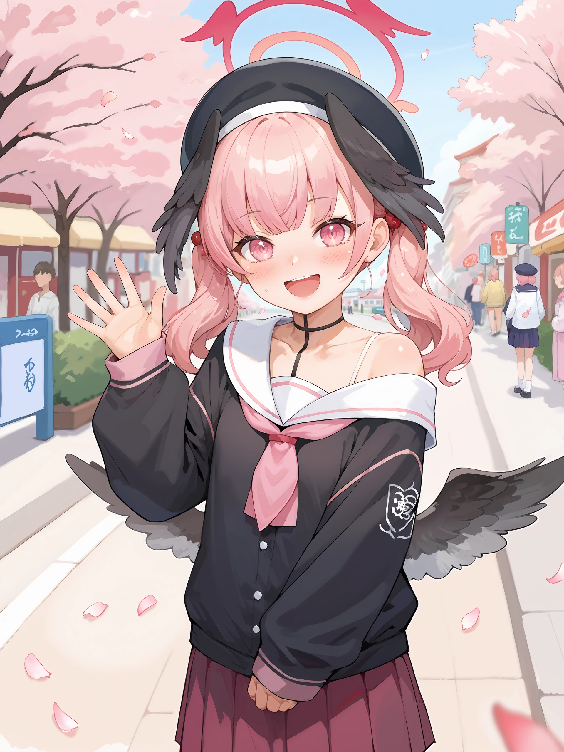 score_9, score_8_up, score_7_up, source_anime, ray tracing, best quality, <lora:style-Ishike:0.3>, <lora:style-odanon:0.3>, <lora:Char-BlueArchive-Koharu-V1-Pony:0.9:hr=0.6>, 1girl, koharu \(blue archive\), twintails, halo, beret, head wings, low wings, pleated miniskirt, sleeves past wrists, sailor shirt, pink neckerchief, off shoulder, standing, cowboy shot, smile, open mouth, looking at viewer, waving, outdoors, street, cherry blossoms, petals, depth of field