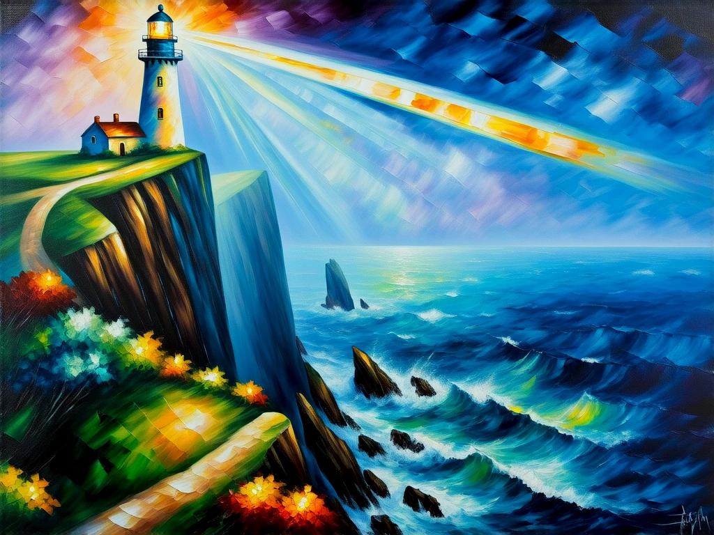 An oil painting.
A beam o flight shines from a lighthouse on a clifftop on a stormy night.
afrmvCE_style
