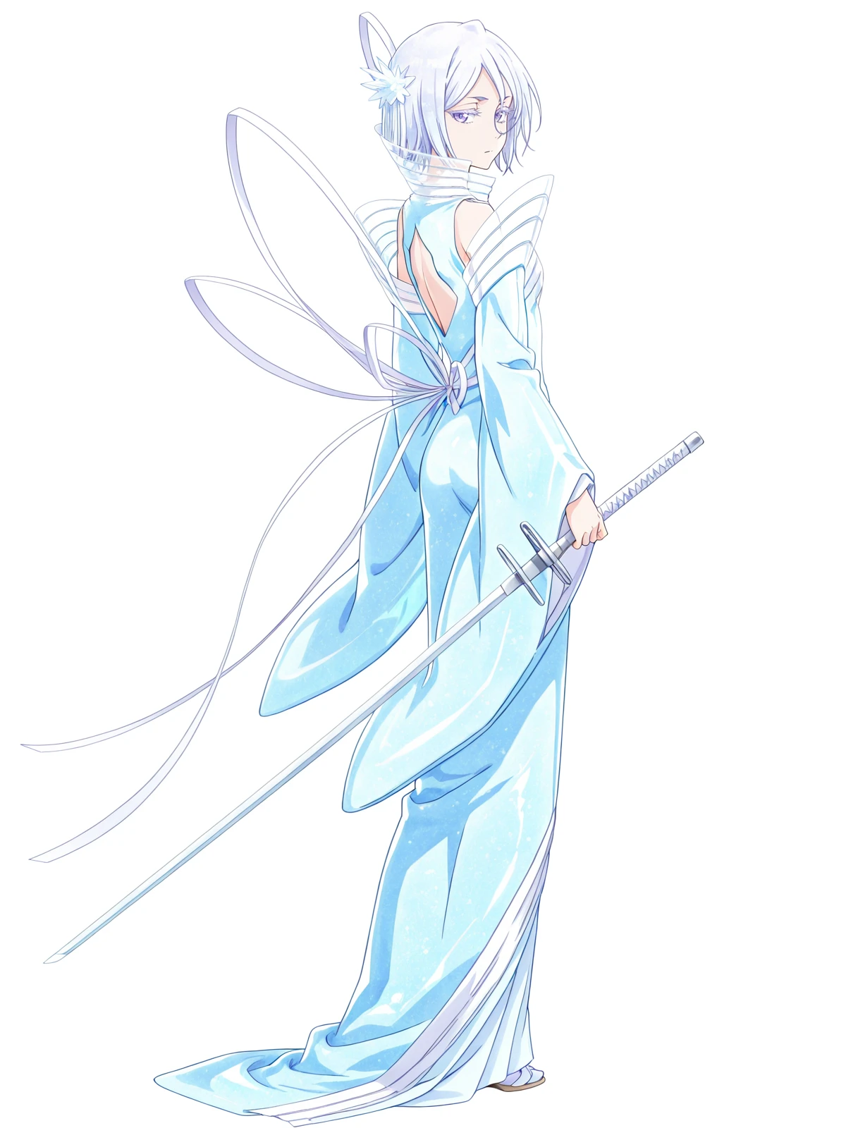 anime coloring,anime screencap,
masterpiece,best quality,amazing quality,very aesthetic,absurdres,
detailed fingers,detailed hands,
BREAK
<lora:transparent-background-illustriousxl-lora-nochekaiser:1>,white background,
BREAK
<lora:Rukia_Kuchiki_Bankai_Illustrious:1>,RuKuchBankai,1girl,solo,hair between eyes,short hair,blue eyes,hair ornament,blue hair,white hair,colored eyelashes,purple eyes,eyelashes,
detached sleeves,japanese clothes,dress,sleeveless,ribbon,long sleeves,wide sleeves,kimono,blue dress,japanese clothes,white ribbon,high collar,long dress,glowing kimono,
holding weapon,sword,expressionless,weapon,holding,holding sword,
standing,looking at viewer,full body,
ass,back,