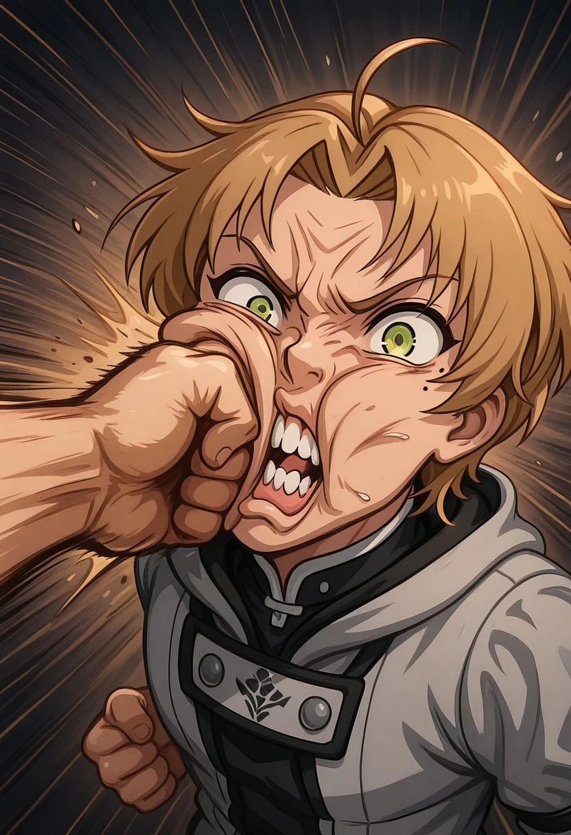 (((ultra detailed, masterpiece, high quality, from above,  breasts )))
, 
((( Hycopumb2, comedic punch, exaggerated impact, face distortion, slapstick,)))
,
((( 1boy, punching )))
,
((( rudeus_greyrat, blonde hair, green eyes, short hair, bangs, parted bangs, ahoge, mole, mole under eye)))
,
((( )))
,
((( )))
((( )))