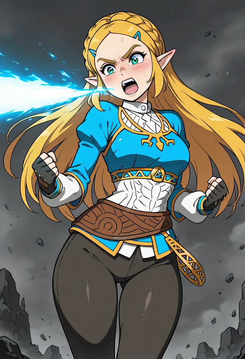 masterpiece, best quality, solo, curvy, beautiful eyes, narrow waist, wide hips, 1girl, solo, hyp3rb34m, angry, clenched fists, blue beam, <lora:HyperBeam_IXL_v1:1.0>, BREAK, princess zelda, long hair, crown braid, hairclip, pointy ears, blue shirt, long sleeves, fingerless gloves, black gloves, black pants, tight pants, smile, curvy, head tilt, sitting,