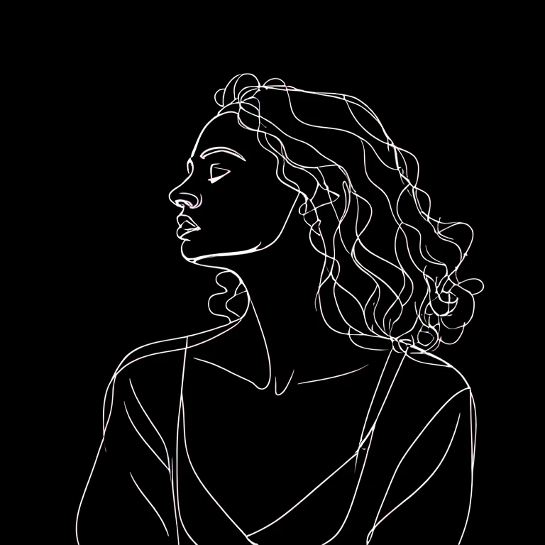 <lora:Elegant_Minimalist_Line_Art:1> Elegant Minimalist Line Art, The image shows a black and white line drawing of a woman with curly hair set against a dark background., 1girl, solo, monochrome, greyscale, long hair, profile, dark skin, black background, , simple background