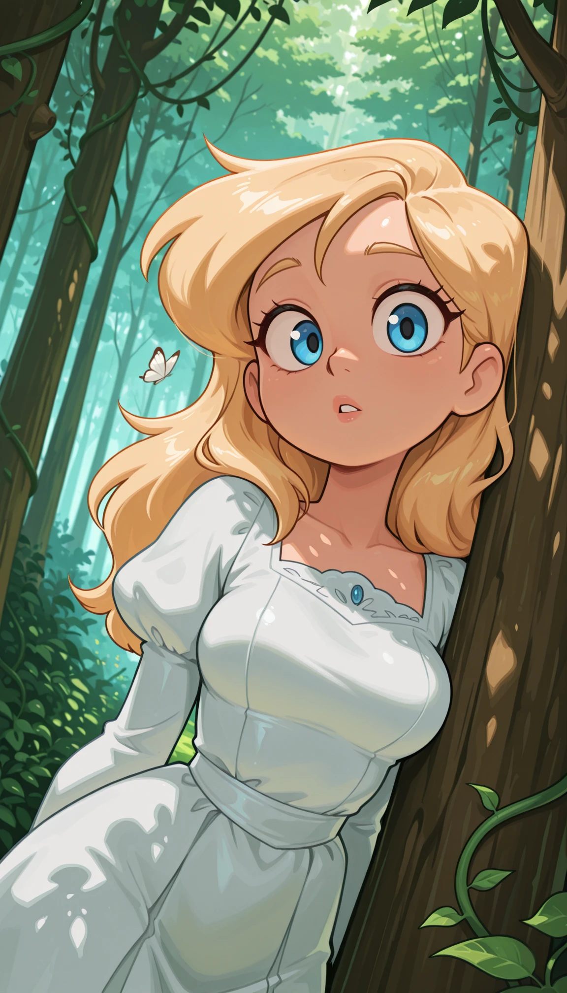 masterpiece, best quality, amazing quality, 4k, very aesthetic, high resolution, ultra-detailed, absurdres, newest, scenery, cartoon, toon, (dappled sunlight:1.2), rim light, backlit, dramatic shadow, 1girl, long blonde hair, blue eyes, parted lips, medium breasts, puffy sleeve white dress, forest, flowers, white butterfly, looking at viewer, leaning side against tree, vines, green, arms, upper body, close-up, dutch angle, shiny skin, BREAK, dramatic shadow, depth of field, vignetting, volumetric lighting