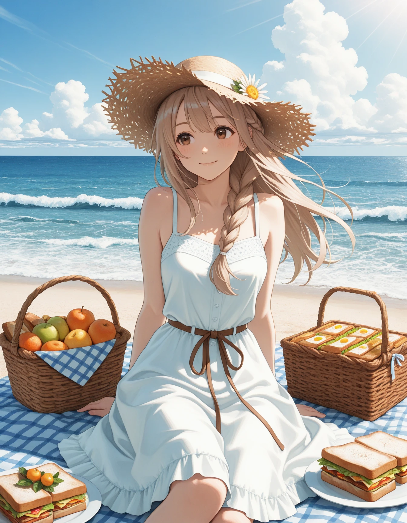 1girl, solo, light brown hair, long hair, loose braid, hazel eyes, wearing white sundress with ribbon belt, straw hat with flower decoration, sitting on blanket, wicker picnic basket beside, plate of sandwiches and fruit, ocean waves in background, sunny day, gentle smile, wind blowing hair, warm sunlight, soft clouds, masterpiece, best quality
