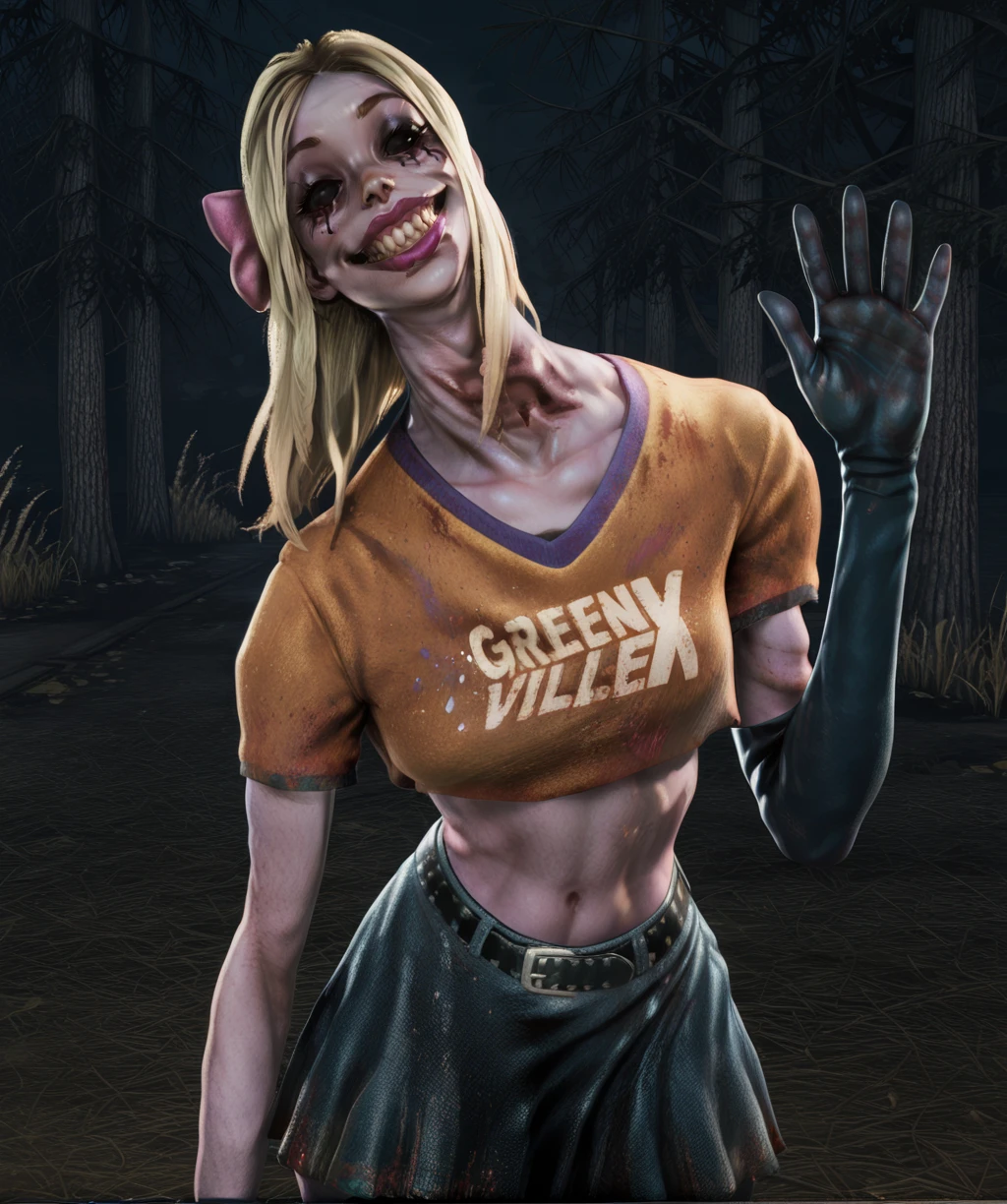 unknownpepxl, blonde hair, hair bow, orange shirt, no pupils, black sclera, teeth, runny makeup, lipstick,
head tilt,
looking at viewer, solo, midriff, toned, belt, hip, skirt, single elbow glove, waving,
neon trim, night, movie lot,
standing,
solo,
(insanely detailed, masterpiece, best quality), front view, <lora:unknownPepXL-12v2-IL:1>,