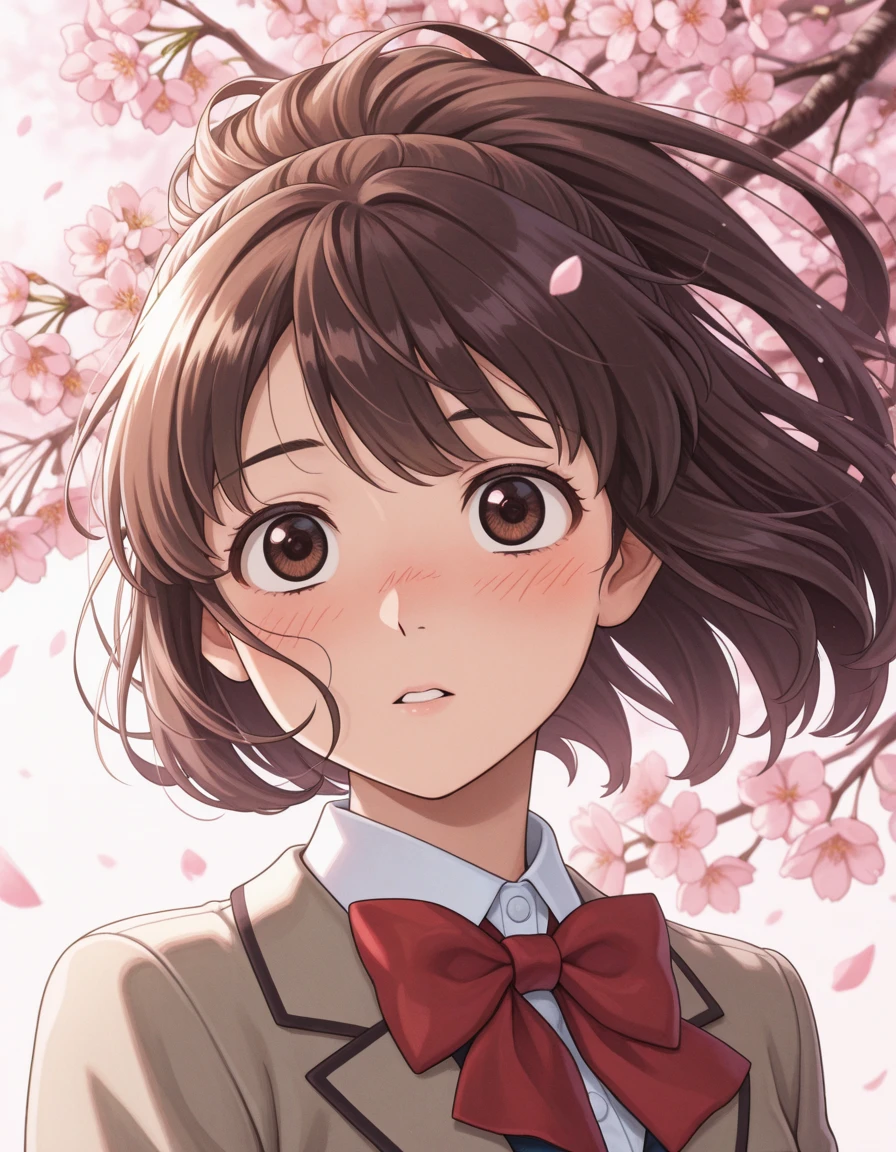1girl, school uniform, cherry blossoms in background, windblown hair, soft blush, deep eyes, anime style, detailed clothing folds, spring setting, brown hair
