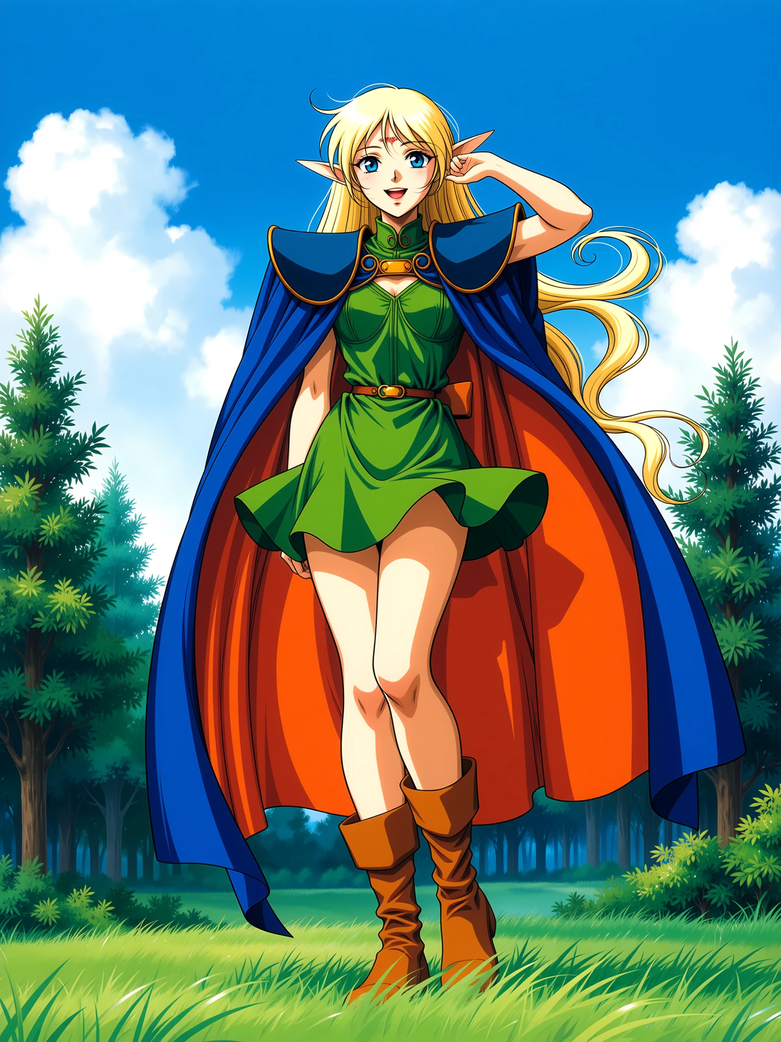 nobyuuki style, elf woman, long blonde hair, green dress, blue and orange cape, long boots, standing pose, hand in hair, smiling, looking at viewer, forest, blue sky, clouds, backlight effect