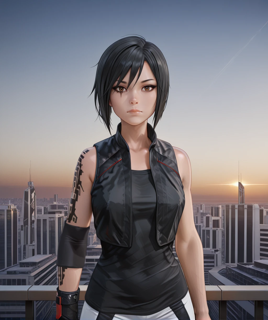faithcxl, brown eyes, black hair, right arm tattoo,
eye mark, looking at viewer,
elbow pad,
black vest,
science fiction,
morning, sky,
(insanely detailed, masterpiece, best quality),
front view, standing, hips, looking at viewer, <lora:FaithConnorsMEC-12v1-Ill3:1>, cityscape,