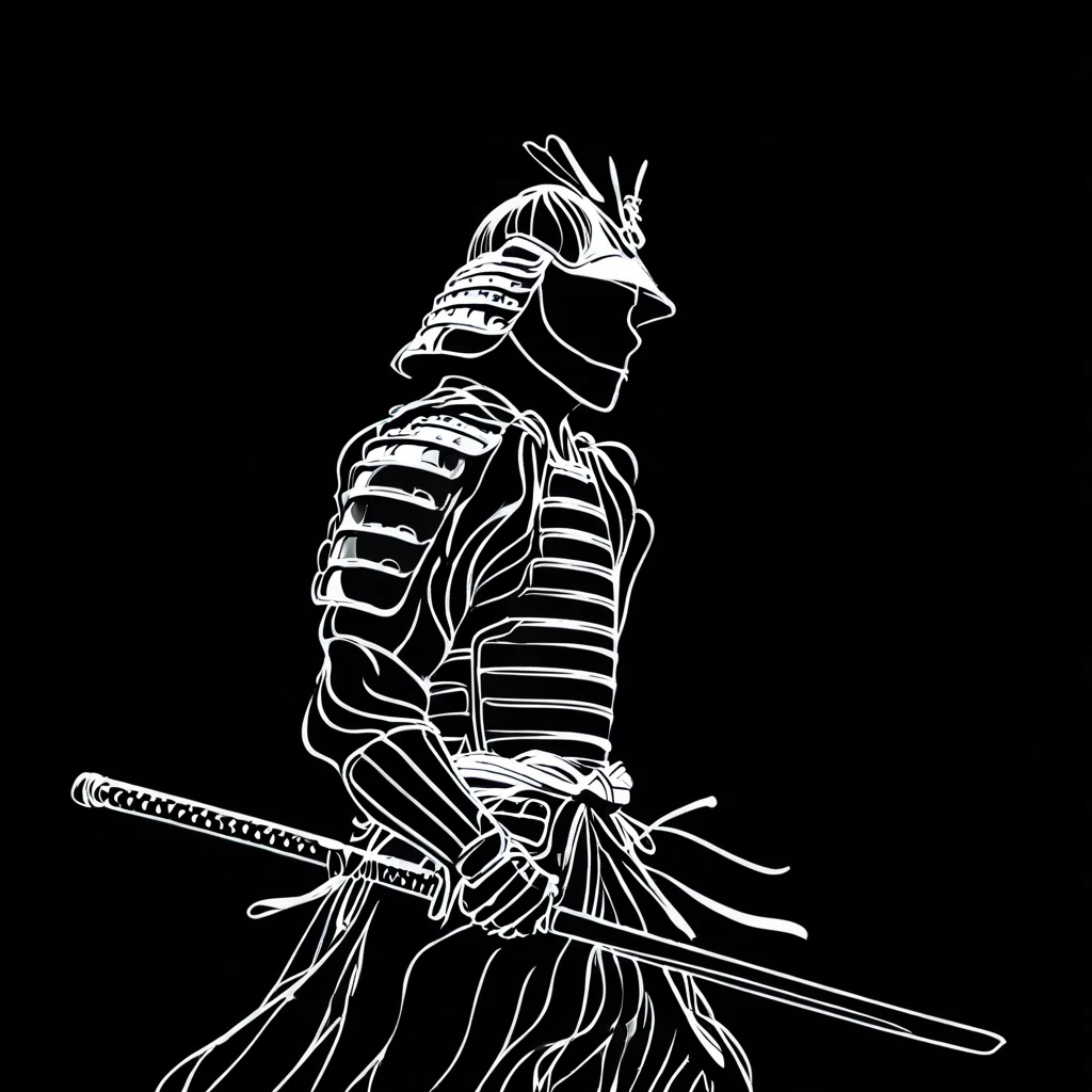 <lora:Elegant_Minimalist_Line_ArtSDXL:1> Elegant Minimalist Line Art, The image shows a black and white line drawing of a samurai holding a sword against a dark background., monochrome, weapon, solo, sword, armor, greyscale, helmet, samurai, japanese armor, katana