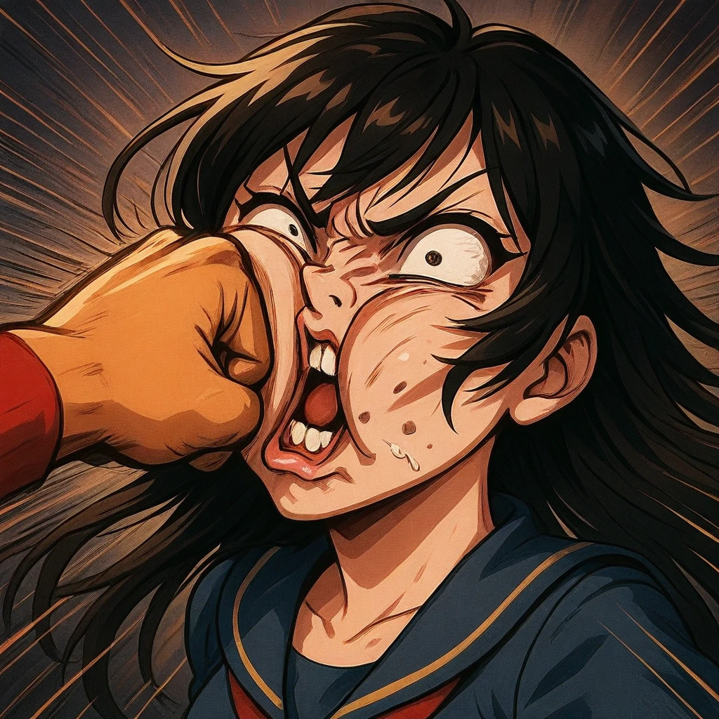 Hycopumb2, comedic punch, exaggerated impact, face distortion, slapstick,  1boy,