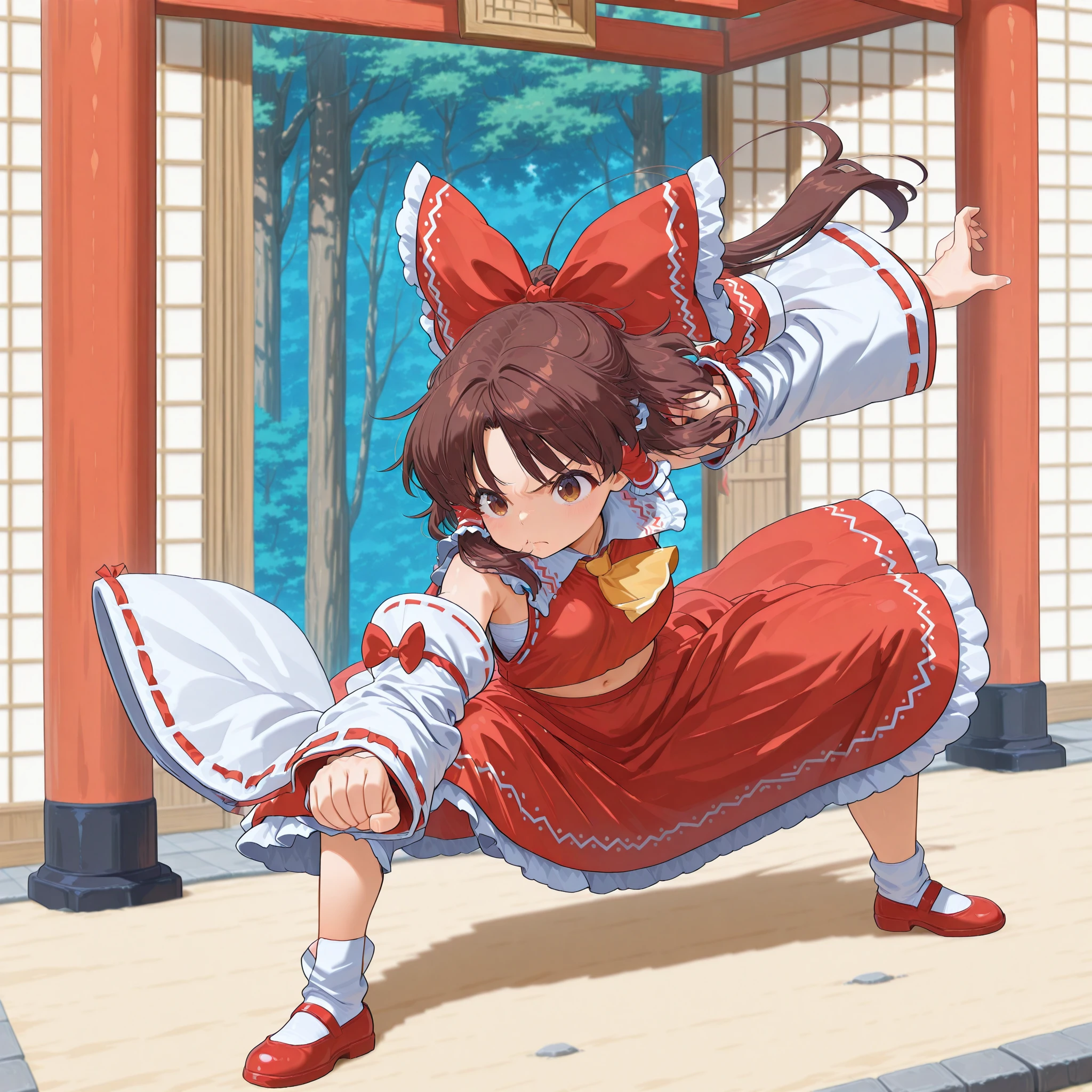 1girl,, <lora:gokuPose3_V1_illustrious:1.0>,gokupose3,solo,fighting stance,,full body,serious,frown,clenched hand,shadow,closed mouth,crouching,leaning forward,one arm extended,other arm bent,wide stance,martial arts pose, masterpiece, best quality, amazing quality, newest,detailed face, beautiful eye,  five_fingers,, shrine, hakurei shrine,, <lora:Reimu-Hakurei_IllustriousV3:1>,hakurei reimu, 1girl, solo, brown eyes, brown hair, long hair, sidelocks, ponytail, small breasts,hair bow, red bow, frilled bow, hair tubes, yellow ascot, red shirt, ribbon-trimmed sleeves, detached sleeves, wide sleeves, chest sarashi, navel, red skirt, frilled skirt, white socks, ankle socks, mary janes, red shoes,
