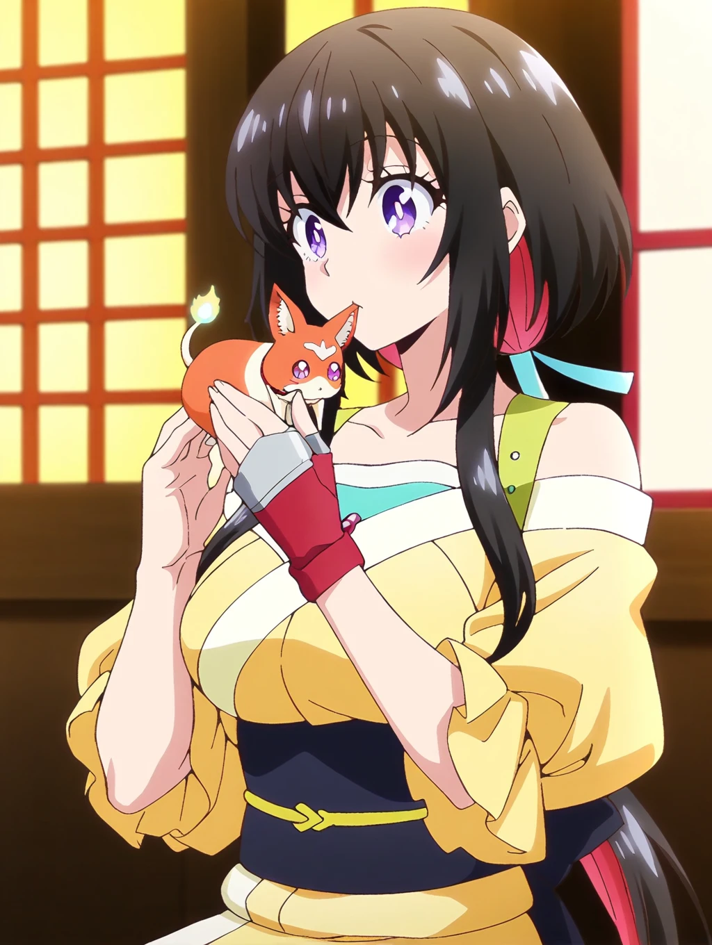 masterpiece,best quality,amazing quality,solo,1girl,<lora:Tsukimiya-ILXL-v1:1>,Tsukimiya,purple_eyes,colored_inner_hair,brack_hair,red_hair,low_ponytail,sidelocks,hair_ribbon,yellow_japanese_dress,off_shoulder,tasuki,jewelry,animal,