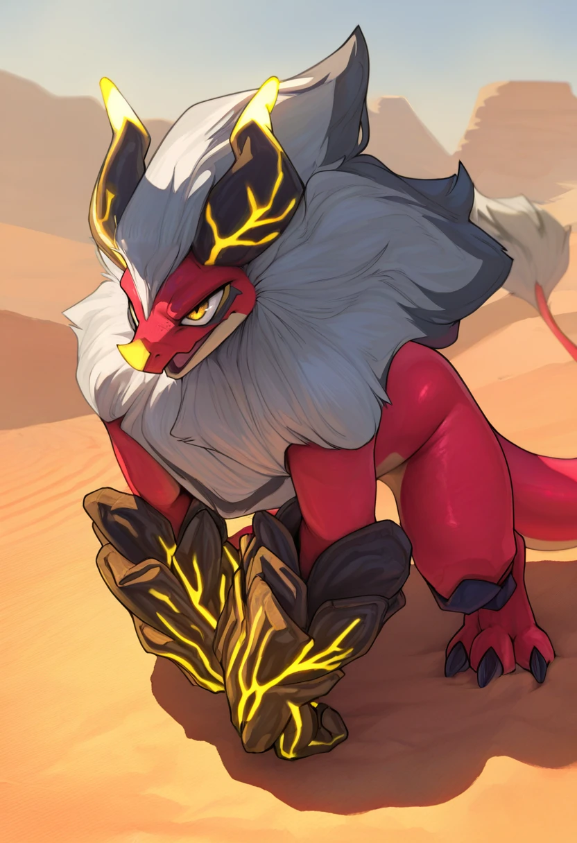 <lora:PW_Blazamut_a1_7_NoobXL-eps:1>,<lora:Spall_Style_Ill_V2:0.5>,<lora:EatSleep1111StyleSDXL11:0.7>,eatsleep1111,artist:spaal,masterpiece,best quality,amazing quality,high quality,very aesthetic,absurdres,newest,shaded,digital media \(artwork\),depth of field,pwbzmt,feral,detailed background,pose,gauntlets,three-quarter view,yellow eyes,desert,tail,open mouth,shadow,