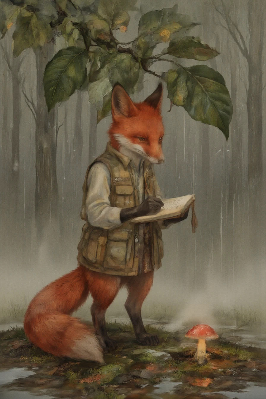 <lora:shurochka:1>, 3. Shurochka the Keeper â In the Heart of the Storm
A red fox stands under a broad rhododendron leaf, sheltered from a gentle rain. Her fur is slightly damp, but her focus is unbroken. She wears a practical vest, one paw holding a notebook protected by a waxed cloth, the other gripping a pencil. She writes intently, ignoring the droplets around her. Around her: puddles forming on the moss, a single glowing mushroom, the hush of the forest in the rain. Background: a quiet woodland during a soft downpour, mist rising from wet roots. Style: whimsical childrenâs book illustration, soft watercolor textures, warm lighting. Mood: steadfast, calm, quietly resilient.