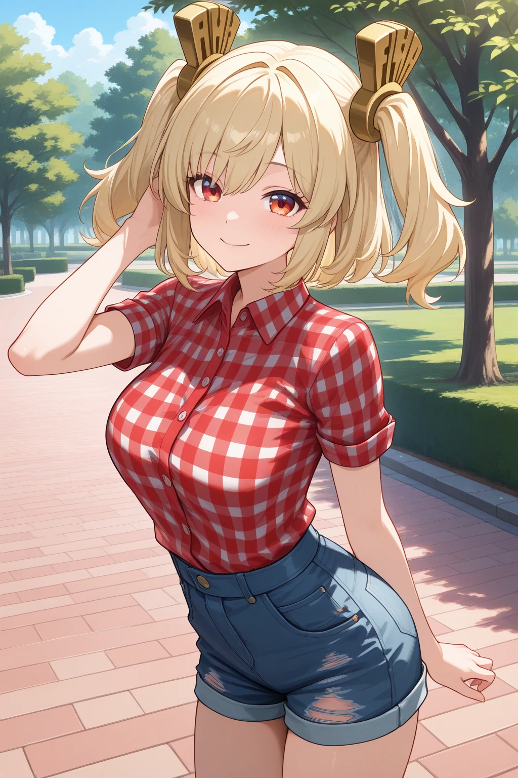 very awa, (vivid colors), detailed eyes, shining eyes, masterpiece, best quality, ultra-detailed, (8k), (hdr), (ultra-detailed), absurdres, looking at viewer, solo, 1girl, girl, outdoors, park, day, smile, aaburnice, red eyes, blonde hair, two side up, hair ornament, plaid shirt, dress shirt, short sleeves, denim shorts, ripped shorts, ((standing, cowboy shot))