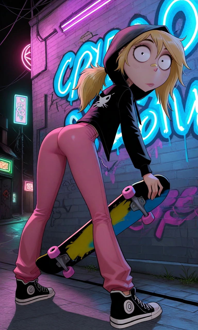 solo,1girl,hood, skateboard, messy hair, blonde hair, ponytail, single sidelock,black stripes on sidelock,graffiti, bandaid on nose,hood up,cyberpunk, outdoors, paint splatter, looking at viewer, holding, night,butt, sneakers, paint, neon lights, black jacket, hoodie, long sleeves, Tim Burton style, artstyle,pink pants,colorful
