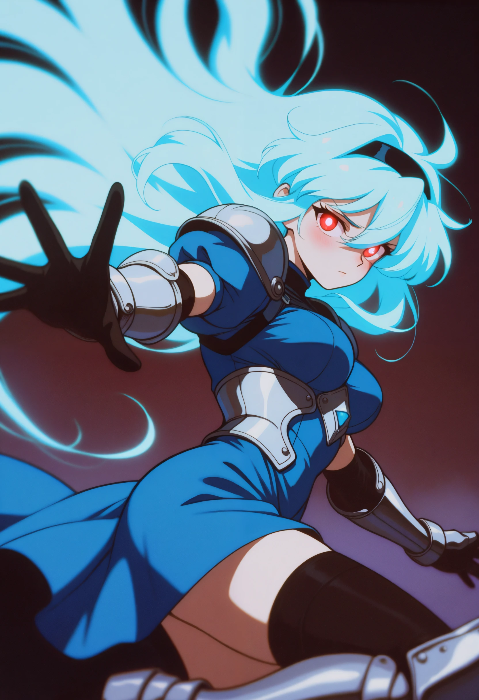 <lora:90retro-illustriousXL_v01_V1-CAME-000036>, 1girl, solo, 90retrostyle, retro artstyle, film grain, depth of field, glowing hair, puffy sleeves, glowing eyes, dress, thighhighs, short sleeves, outstretched arm, black hairband, blurry, boots, red eyes, shoulder armor, looking at viewer, long hair, puffy short sleeves, blush, from side, long sleeves, blue dress, black legwear, breasts, gloves, armor, hair between eyes, floating hair, pauldrons, elbow gloves, blue hair, medium breasts, very long hair, closed mouth, gauntlets, thighhighs under boots, armored boots, glowing, black gloves,