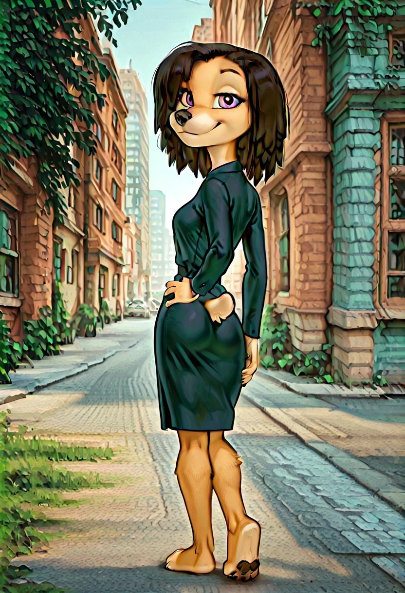 score_9, score_8_up, score_7_up, ultra quality, iskrastyle, break
outdoors, city street
Mother Barboskina, dog girl, medium breasts, dog legs, dog feet,  black hait, break
office dress, solo
standing, hand on hip, smile, 3/4 side view, presenting butt, looking at viewer