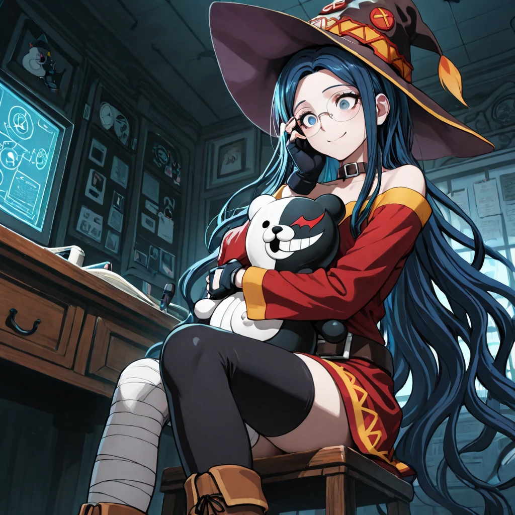 masterpiece, best quality, absurdres, <lora:lazypos:1>, lazypos  , <lora:noobai_vpred_1_aqm_complete_v3:1>,masterpiece, best quality, very aesthetic ,  From below , Variations , hand_on_own_cheek , surprised, smile  ,  <lora:Face_Enhancer_Illustrious:0.3> ,  <lora:Tsumugi_Shirogane_Danganronpa_Illustrious_V2:0.3> , official_art, komatsuzaki_rui_(style) ,  danganronpa_(series),danganronpa_v3:_killing_harmony,shirogane_tsumugi,glasses, long_hair, round_eyewear, sidelocks,(((very_long_hair))), wavy_hair, blue_hair, ((dark_blue_hair)),blue_eyes,1girl, kono_subarashii_sekai_ni_shukufuku_wo!, megumin, asymmetrical_legwear, bandages, belt, belt_buckle, belt_collar, black_thighhighs, boots, brown_footwear, buckle, button_eyes, buttons, collar, dress, fingerless_gloves, gloves, hat, mismatched_legwear, off-shoulder_dress, off_shoulder, red_dress, single_thighhigh, thighhighs, witch_hat ,indoors, fiction_reality_laboratory, sterile_lighting, sitting_at_research_desk, writing_notes, looking_at_documents, analytical_expression, reality_distortion_equipment, fictional_world_generator, narrative_control_devices, story_manipulation_tools, monokuma, research_materials ,hugging_doll, hugging_object,monomi_(danganronpa)